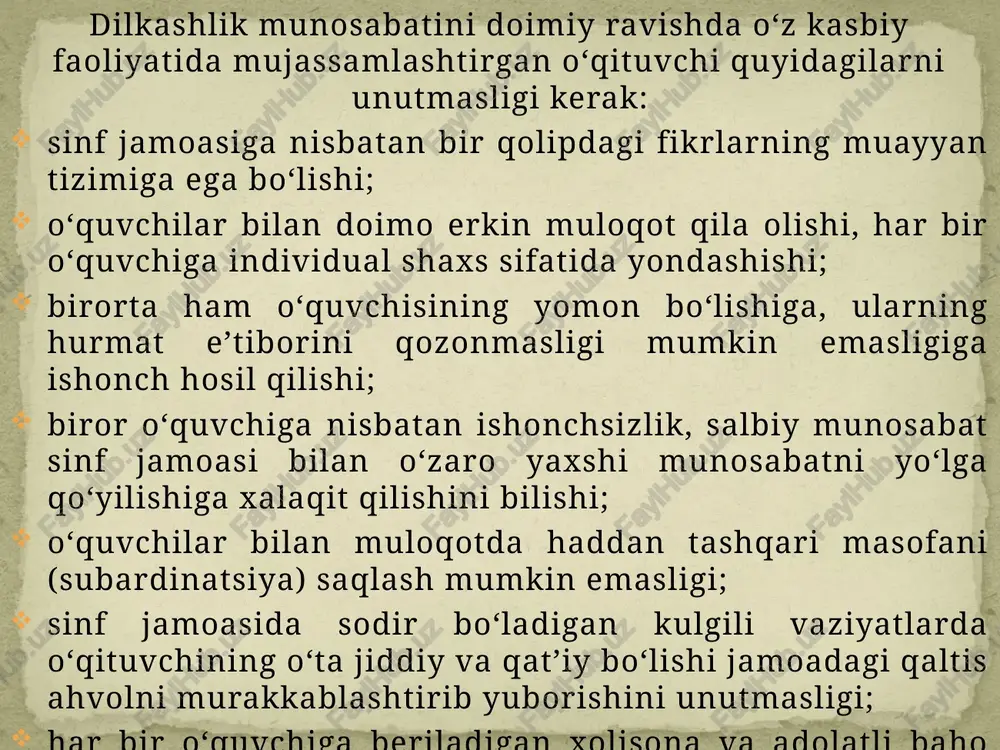 ni ta’minlaydi. pedagogika oliy ta’lim muassasalarida bo‘lajak o‘qituvchilarni kasbga yo‘naltirishda, xushmuomalalilik va dilkashlikni shakllantirish uchun maxsus tayyorgarlikdan o‘tishni taqozo etadi. o‘qituvchining dilkashligi – uchta tarkibiy qismni birlashtiruvchi jarayondir: **muloqotda zaruriyatning mavjudligi; **muloqotdan keyin, muloqot paytida, muloqotgacha yaxshi kayfiyat; **kommunikativ ko‘nikma va malakalarga ega bo‘lish. ushbu ta’rifda muloqotning o‘qituvchi kasbiy faoliyatidagi ijodiy jihatlari ko‘rsatilgan. biroq, muloqot uchun zaruriyat hamisha mavjudligi – umuminsoniy xususiyat bo‘lib, u barcha kasb egalariga taalluqlidir. rus olimi a.v.mudrik o‘z ilmiy tadqiqotlarida o‘qituvchining xushmuomalalilik bilan muloqotga kirishishi va unga ko‘nikma hosil qilishga nisbatan qobiliyatini aniqlaydigan quyidagi mezonlarni ajratib ko‘rsatadi: inson tafakkurining o‘ziga xos xususiyatlarga muvofiqligi; notiqlik san’atini mukammal egallaganlik yoki nutqda erkinlik; xushmuomalalilik va shirinsuxanlik; empatiya va o‘z-o‘zidan paydo bo‘ladigan o‘tkir zehnga ega bo‘lish; ma’lum bir maqsadga qaratilgan aniq ijtimoiy munosabat (masalan, muloqot jarayonining natijalariga emas, balki o‘ziga nisbatan qiziquvchanlik); kommunikativ mahoratda – vaqtni, suhbatdosh ichki dunyosini, munosabatni, vaziyatni aniq mo‘ljalga olish. ushbu nuqtai nazardan ta’kidlash joizki, o‘qituvchining …