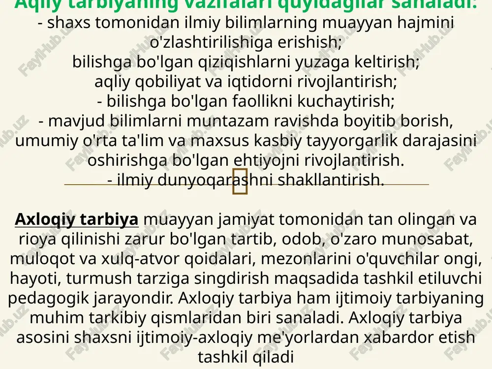 adi. maktab tarbiyasi shaxs ongi, dunyoqarashini shakllantirishda muhim o'rin tutadi. chunki yoshlik yillarida insonda odob tizimi yuqori darajada ta'sirchan hamda beqaror bo'ladi. shu bois tarbiya muvaffaqiyati ayni o'quvchilik yillarida shaxsga to'g'ri tarbiya berish lozimligini taqozo etadi.  yaxlit tarzda tizimli tashkil etilishida. yaxlitlik shundan iboratki, tarbiya jarayonining maqsadi, mazmuni, vazifalari va metodlarining birligi shaxsni shakllantirish g'oyasini amalga oshirish uchun xizmat qiladi. bizga ma’lumki, shaxs sifatlari navbatma-navbat emas, balki yaxlit tarzda takomillashtiriladi. shu bois pedagogik ta'sir ham yaxlitdir, tizimlilik xarakteriga ega bo'lishi mumkin. tarbiya jarayonining yaxlitlik, tizimlilik xususiyati bir qator muhim pedagogik talablarga amal qilishi o'qituvchi bilan o'quvchilar o'rtasidagi hamkorlikni ehtiyotkorlik bilan qaror toptirishini talab qiladi. ikki tomonlama aloqa ikki yo'nalishda, ya'ni, o'qituvchining o'quvchiga nisbatan ko'rsatadigan ta'siri (to'g'ri aloqa) hamda o'quvchining o'qituvchiga nisbatan munosabati (teskari aloqa) tarzda tashkil etiladi. tarbiyaning pedagogik texnologiyasi nazariyasi g'oyasiga muvofiq endilikda o'quvchi tarbiya jarayonining obyektigina bo'lib qolmasdan, subyektiv sifatida ham faoliyat ko'rsatadi. qarama-qarshiliklarning mavjudligi kelib chiqadi. …