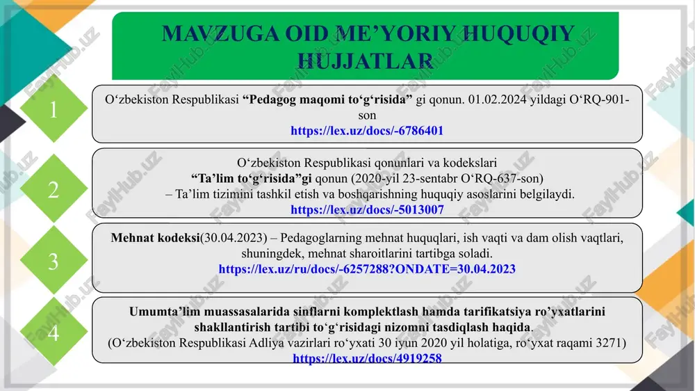 yotgan innovatsion metodlarni aniqlash. o‘qituvchilarning ijodiy yondashuvlari va samarali tajribalarini o‘rganish. ilg‘or tajribalarni hududiy va xalqaro ta’lim standartlari bilan solishtirish. 2. ilg‘or tajribalarni tizimlashtirish va ularni metodik jihatdan tahlil qilish. yangi pedagogik yondashuvlarni boshqa o‘qituvchilar uchun qulay shaklda taqdim etish. samarador usullar asosida tavsiyalar ishlab chiqish va ularni ta’lim muassasalariga tatbiq etish.. 3. o‘qituvchilarning tajriba almashish jarayonini tashkil etish va rivojlantirish. seminarlar, konferensiyalar va vebinarlar o‘tkazish orqali o‘qituvchilar o‘rtasida fikr almashinuvini yo‘lga qo‘yish. ilg‘or tajribaga ega bo‘lgan o‘qituvchilarning muloqot platformalarini yaratish. huquqiy asoslarni takomillashtirish pedagog va rahbar xodimlarning lavozimlari hamda malaka toifalariga mos ravishda bazaviy tarif stavkalarini belgilash va me’yoriy-huquqiy hujjatlarga asoslanib ish olib borish.. adolatli va tabaqalashtirilgan tarif tizimini yaratish o‘qituvchilarning malaka darajasi, tajribasi, ish hajmi va o‘quv jarayonidagi yuklamalarini inobatga olgan holda bazaviy tarif stavkalarini shakllantirish attestatsiya jarayonini kuchaytirish o‘qituvchilarning malaka toifalarini oshirish bo‘yicha attestatsiya jarayonini takomillashtirish va ularni bazaviy tarif stavkalari bilan bog‘lash. moliyaviy barqarorlik va resurslarni …
