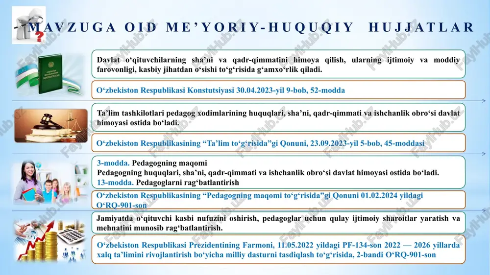 y maqsad o‘quvchilarning yaxshi o‘qitishini ta’minlash, ularning ijtimoiy, ma’naviy va jismoniy rivojlanishini ta’minlashdir. o‘qituvchilar va rahbarlar o‘quvchilarning maqsadlariga erishishida birgalikda ishlashadi. finlandiya maktablarida ish muhiti qulay va stressiz bo‘lishiga katta e’tibor qaratilgan. maktab jamoasi bir-birini qo‘llab- quvvatlash va qiyin vaziyatlarda birga bo‘lishga harakat qiladi. fransiya xitoy finlandiya qiyosiy tahlil t/r amaldagi holat (o‘zbekistonda) amaldagi holat (xorijda) taklif ta’lim muassasida sog‘lom va ijtimoiy muhitni shakllantirishda maktab rahbari tomonidan aniq maqsadlar belgilab olinganligi. xitoy maktablarida rahbarlar,o‘qituvchilar, ota-onalar va jamoat a’zolari bilan hamkorlik qilishadi. sog‘lom jamoa o‘qituvchilar va rahbar o‘rtasidagi ko‘rsatgich bo‘lib, o‘qituvchilarning rivojlanishi uchun muhim. jamoada sog‘lom muhitni yaratish uchun maktab rahbarining adolatli va shaffof ish tizimini yaratish. 2. muassasada sog‘lom muhitni shakllantirishda o‘qituvchilar o‘rtasida yuzaga kelgan nizolarni bartaraf etish uchun pedagoglarning huquqlari qonun bilan himoyalanganligi. fransiya davlati ta’lim tizimida o‘qituvchilaning mehnat huquqlari himoyalangan. ular ish joyida adolatli muomala, xavfsizlik va sog‘liqni saqlash sharoitlariga ega. ta’lim muassasasida sog‘lom muhitni shakllantirish, o‘qituvchilar o‘rtasidagi …