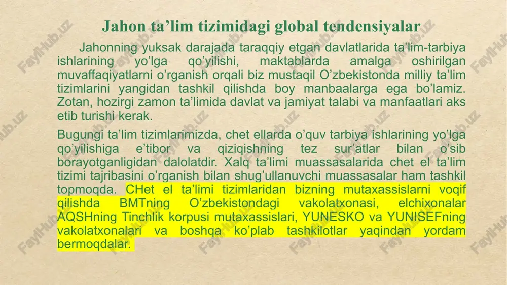 llari, tibbiy xizmat bilan ta’minlanadi. zarur bo’lgan taqdirda ularning oilalariga moddiy yordam ko’rsatiladi. shu qatorda xususiy maktablar ham mavjud. yuqori bosqich o’rta maktab 10, 11, 12 sinflarni o’z ichiga oladi, bunday maktablarning kundo’zgi, sirtqi va kechki bo’limlari mavjud. o’quvchilarning 95% kundo’zgi maktablarda o’qiydilar. yaponiyada o’quv yili 240 kun (aqsh 180). o’quv yili 1 apreldan boshlanib martda tugaydi. yozgi tatil iyun oyining oxirida boshlanib, avgustda tugaydi. darslar 7 soatdan o’tiladi. dorilfununlarga katta o’rta maktabni yoki 12 yillik oddiy maktabni tugatgan o’quvchilar qabul qilinadi. u yerda 460 ta universitet bo’lib, 95 tasi davlat tasarrufida, 34 tasi munisipal, 331 tasi xususiy, 1-toifadagi universitetlarda har bir o’qituvchiga 8 nafar, 2-toifali universitetlarda esa 20 tadan talaba to’g’ri keladi. universitetlarga qabul qilish ikki bosqichga bo’linadi: 1-bosqichi turar joyda o’tkaziladi: buning uchun yapon, eski yapon tili,matematika, fizika, kimyo, jamiyatshunoslik, tarix bo’yicha test sinovlaridan o’tadilar. bu sinovlardan o’tgan o’quvchilar universitetlarga yo’llanma oladilar va yana sinovdan o’tadilar. xususiy universitetlarga …