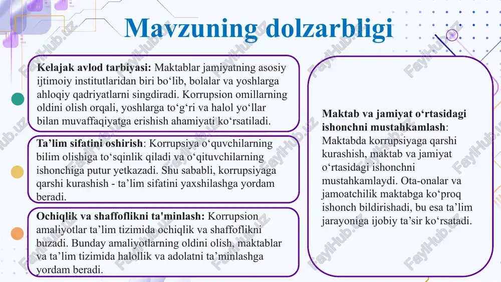foydalanish 4. xodimlarni rag‘batlantirishda shaffoflikni ta'minlash 5. ota-onalar bilan hamkorlikni kuchaytirish 6. o‘qituvchi va o‘quvchilarning huquqiy ongini oshirish kanada avstraliya aqsh mavzu yuzasidan xorijiy davlatlar tajribalari o‘qituvchilar va boshqa xodimlarga korrupsion holatlarni keltirib chiqaruvchi omillar, unga qarshi kurash va etika qoidalarini tushuntirish maqsadida treninglar o‘tkaziladi. maktablar va ta’lim muassasalarida boshqaruv jarayonlari shaffof bo‘lishi kerak. byudjet va qarorlar haqida ochiq ma’lumotlar taqdim etiladi. maktablarda byudjet va moliyaviy faoliyatlarni nazorat qilish uchun ichki audit tizimlari mavjud. bu tizimlar korrupsiya holatlarini aniqlash va oldini olishga yordam beradi. o‘quvchilar, ota-onalar va xodimlar korrupsiyani aniqlash yoki uning oldini olish uchun anonim ravishda shikoyat qilishlari mumkin bo‘lgan tizimlar mavjud. davlat va mustaqil auditorlik tashkilotlari maktablarni tekshiradi, bu esa korrupsiya holatlarini aniqlashga yordam beradi.xodimlar va ota-onalar korrupsiya holatlari haqida xabar berishlari mumkin bo‘lgan maxfiy tizimlar mavjud. mavzuning qiyosiy tahlil etilganligi № amaldagi holat (oʻzbekistonda) amaldagi holat (xorijda) taklif 1 o‘zbekistonda korrupsiyaga qarshi kurash agentligi tashkil etildi va …