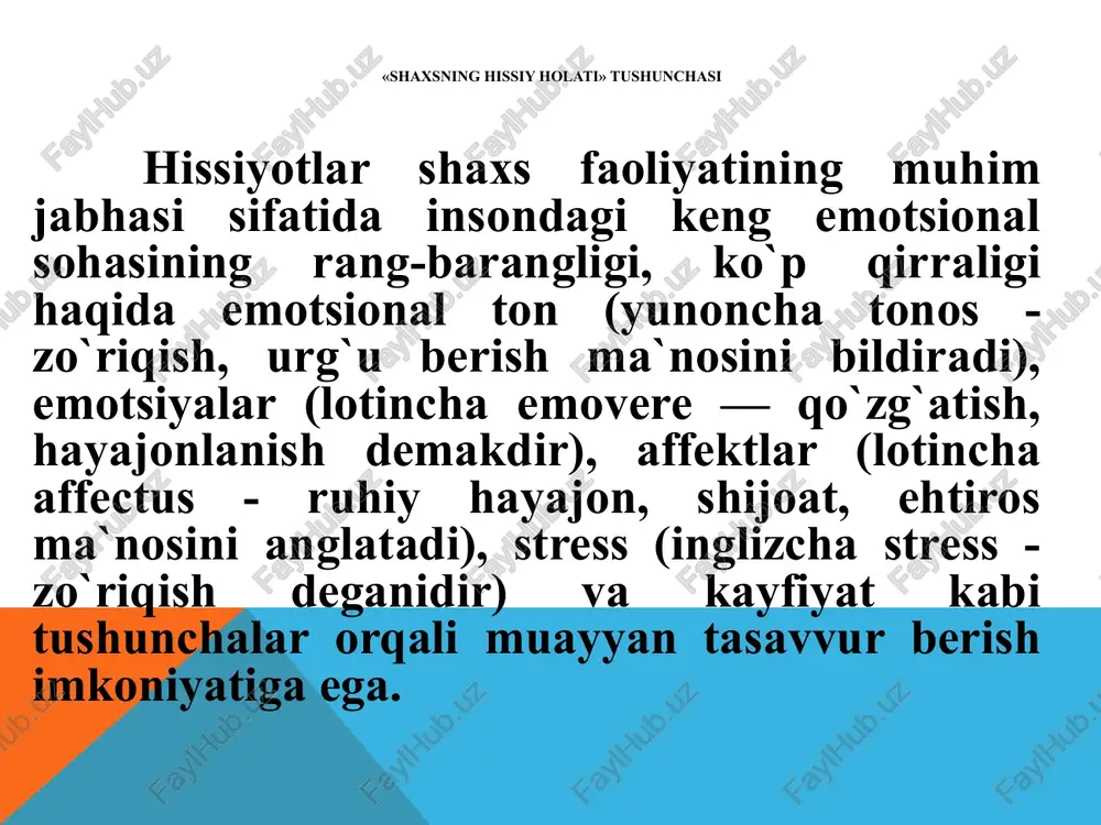 soblangan his-tuyg`ular uning ehtiyojlari qondirilish jarayoni qanday kechayotganligining belgisi sifatida na­moyon bo`ladi. his-tuyg`ular voqelikni aks ettirishning o`ziga xos shakllaridan biridir. agar bilish jarayonlarida narsalar va voqelikdagi hodisalar aks etsa, his-tuyg`ularda esa subyektning o`ziga xos ehtiyojlari bilan qo`shilib, o`zi bilib olayotgan va o`zgartirayotgan narsalarga va voqelikka nisbatan uning munosabati aks etadi. emotsiyalar nafaqat insonlarga, balki rivojlangan jonli mavjudot-larga ham taalluqli ruhiy (psixik) holatdir. hayvonlardagi emotsiyalar o`zgarishi murakkab bo`lgan tabiiylik (irsiy) alomatlarga asoslanuvchi sodda tuzilishga egadir. odam bilan hayvon emotsiyalari o`zlarintng mohiyati, tuzilishi, ta`sirchanligi, jadalligi, sifati, shakli bilan keskin tafovutlanadi. emotsiyalar tashqi ko`rinishga xosligi va muvaqqat xususiyatga ega ekanligi bilan hissiyotdan farqlanadi. shuni aytib o`tish joizki, hissiyot hayvonot olamiga xos kechinma emas, u aql-zakovat subyekti sanalmish hazrati insongagina xos, xolos. chunki empatik (hamdard-lik) his-tuyg`ular shaxsning mukammallik bosqichiga ko`tarilishiga kafolat negizidir. ehtiyojlaming qondirilishi yoki qondirilmasligi kishida turli xii shakldagi o`ziga xos kechinmalarni: emotsiyalarni, affektlar (emotsio-nal buhronlar)ni, kayfiyatlarni, kuchli hayajonlanish (stress holat-lari)ni va his-tuyg`ularni …