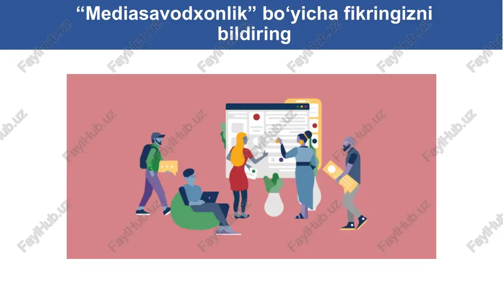 kmalari media orqali muloqot qilish va turli media rol­larni bajarib ko‘rish qobiliyatida namoyon bo‘ladi. mazkur ko‘nikmalarni­ ta’lim va amaliyot doirasida rivojlantirish­ mumkin. tanqidiy tahlil ko‘nikmalari turli tahliliy vositalardan­ foydalangan holda, turfa xil media kontentni talqin qila olish va ahamiyatini tushunishni bildiradi. ushbu ko‘nikmalar­ rang-barang mediakontent va janrlarni­ o‘rganish orqali yaxshiroq rivojlanadi. xavfsizlik ko‘nikmalari murakkab vaziyatlardan­ chiqish va ularni­ oldini olish qobiliyatida namoyon bo‘ladi. virtual makondan xavfsiz foydalanish, shaxsiy makonni himoya qilish hamda zararli kontent va muloqotdan voz kechishni nazarda tutadi 14 o‘quv jarayonida mediata’limni joriy etishda ishontirish usuli va uning ahamiayati ishontirish usuli auditoriya fikrini o‘ziga qaratib olish, ishonchga kirish, o‘z g‘oyasini singdirish, biror mahsulotni sotib olishga chorlash yoki biror hara katni (sotib olish, ovoz berish, pul berish va h.) amalga oshirishga undash uchun ishlatiladigan turli usullar. 2 3 1 auditoriyani o‘zining g‘oyasiga ishontirish usullari: asosiy usullar oraliq usullar kengaytirilgan usullar 15 5 4 3 2 1 assotsiatsiya mahsulot, xizmat …