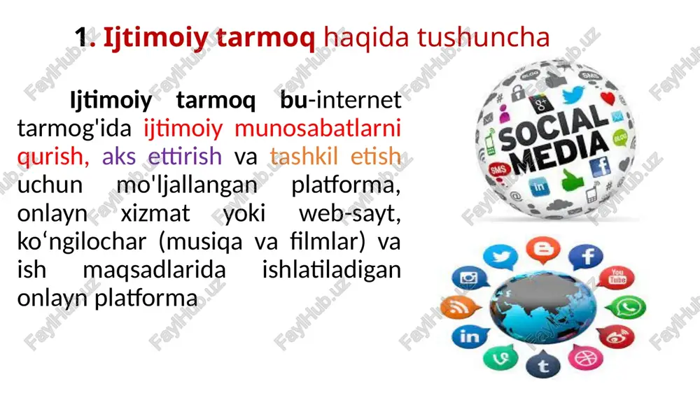 lmashishdagi yengillik. ijtimoiy tarmoqlarda biror mavzudagi axborotni yengillik bilan topish mumkin. deylik, salomatlik sohasiga qiziqqan kishi ayni shu yoʻnalishdagi kanal va guruhlarga aʼzo boʻlishi mumkin. turli sohalarda maslahatlar olish, kerakli bilim va tasavvurlar hosil qilish imkoniga ega. kerakli mavzular bo`yicha referatlar mustaqil ta`lim mavzulariga doir ma`lumotlar topish mumkin ijtimoiy tarmoqlar, ayniqsa messenjerlar axborot almashishda juda katta qulayliklar beradi. turli shakldagi axborotlarni uzatishni keskin osonlashtirib yubordi. yuborilgan maʼlumotlar messenjerlarning oʻzida saqlanishi sababli interneti bor istalgan joyda ulardan foydalanish mumkin, hatto oʻz qurilmangizdan oʻchirib yuborgan boʻlsangiz ham. 3.turli ijtimoiy aksiyalar va yordamlar ijtimoiy tarmoqlarda ogʻir hayotiy vaziyatga tushib qolganlar, yetim-yesirlar, nogironlar, bir soʻz bilan aytganda moddiy-maʼnaviy himoyaga muhtoj qatlamga yordamlar uyushtirish mumkin. bu ayniqsa soʻnggi yillarda tobora keng ommalashmoqda. mana shunday koʻmaklar koʻplab kishilarning dardiga malham boʻlayotgani haqida ommaviy axborot vositalari tez-tez xabar berib turibdi. yordam aksiyalaridan muhtojlarning oʻzigina foyda topmaydi. balki xayr-ehson qilgan, birovga yordam qoʻlini choʻzgan kishi ham maʼnaviy-ruhiy poklanadi, …