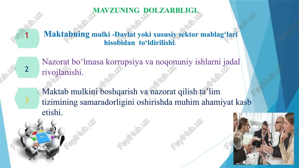 da yuritiladi. singapurda raqamli tizim asosida har bir jihoz nazorat qilinadi. barcha jihozlarni nazorat qilish maqsadida video kuzatuv kameralarini tashkil etish zarur. xulosa 1. o‘zbekistonda maktab mulkni boshqarish va uni nazorat qilish maqsadida raqamlashtirish, xavfsizlik choralarini kuchaytirish ustuvor masala deb o‘ylayman. 2. o‘quvchilar hamda ota-onalarda maktab mulkiga bo‘lgan mas’uliyatni, hurmatni yanada kuchaytirish zarur. 3. yaponiyadagi tartib-intizom, janubiy koreyadagi rivojlanish qolaversa, singapurdagi qat’iy nazorat tajribalaridan foydalangan holda ishlarni samarali yo‘lga qo‘yish kerak deb hisoblayman. takliflar. maktablarda o‘quvchilar o‘rtasida “yashil makon” tanlovini yo‘lga qo‘yish. mas’ul: sinf rahbarlari o‘qituvchilar o‘rtasida har oyda “mening xonam-mening uyim”deb nomlangan tanlov tashkil etish. mas’ul: mmibdo‘ maktabdagi xodimlar (farrosh)lar o‘rtasida har oyda eng toza hudud tanlovini tashkil etish. mas’ul: xibdo‘ 1 2 3 chora-tadbir rejasi t/r muammo amalga oshirish mexanizmi mas’ullar muddat natija 1 maktabning mulkini nazorat qilish va boshqarish bo‘yicha javobgarlikni to‘liq taqsimlab berish. barcha jihozlarni mulklarni ro‘yxatini shakllantirish va mas’ullarga biriktirish maktab rahbari xibdo‘ hisobchi har …