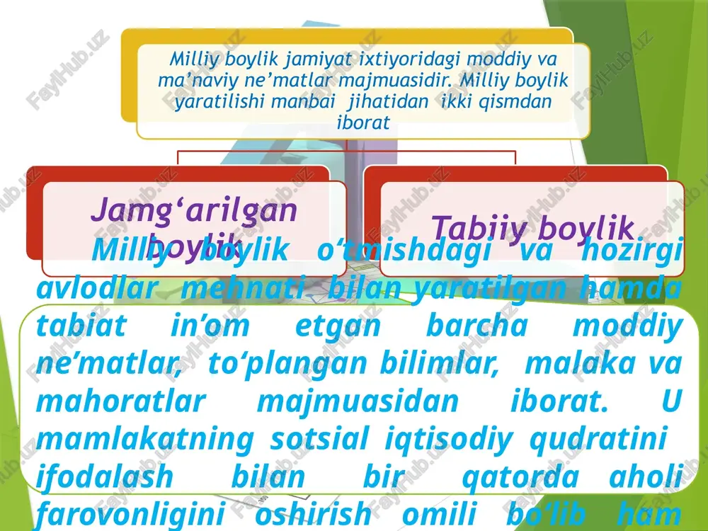 ikki yoqlama jadvalga o`xshatib tuziladi, uning chap tomonida sektorning aktivlari (moliyaviy va nomoliyaviy), o`ng tomonida esa uning moliyaviy majburiyatlari va o`z kapitalining sof qiymati keltiriladi. aktiv majburiyatlar va o`z kapitalining sof qiymati 1. nomoliyaviylar: - ishlab chiqarilganlar; - ishlab chiqarilmaganlar; 2. moliyaviylar: - monetar oltin; - mavjud pullar; - o`yuhebmm; - depozitlar; va boshqalar 3. moliyaviy majburiyatlar: - mavjud pullar; - depozitlar; - qimmatbaho qog’ozlar va h.k. 4. o`z kapitalining sof qiymati (4=1+2-3) sektor o`z kapitalining sof qiymati, uning aktivlari (moliyaviy va nomoliyaviy) qiymatining, uning moliyaviy majburiyatlariga nisbatan yuqori ekanligini ifodalaydi. sof qiymat deyilishiga sabab asosiy kapital qoldiq qiymati bo`yicha aks ettiriladi. bu balans ma’lumotlari asosida sektorning investitsion faollik darajasini, ularni moliyalashtirishga extiyojini ishlab chiqarishning material oborot mablag’lar bilan ta’minlanish darajasi va uning samaradorligini tahlil qilish mumkin bo`ladi. butun iqtisodiyot bo`yicha tuzilgan jamlovchi aktiv va passivlar balansi mamlakatning iqtisodiy va moliyaviy holatini xarakterlaydi milliy boylikning mehnat natijasida paydo bo`lgan qismi …