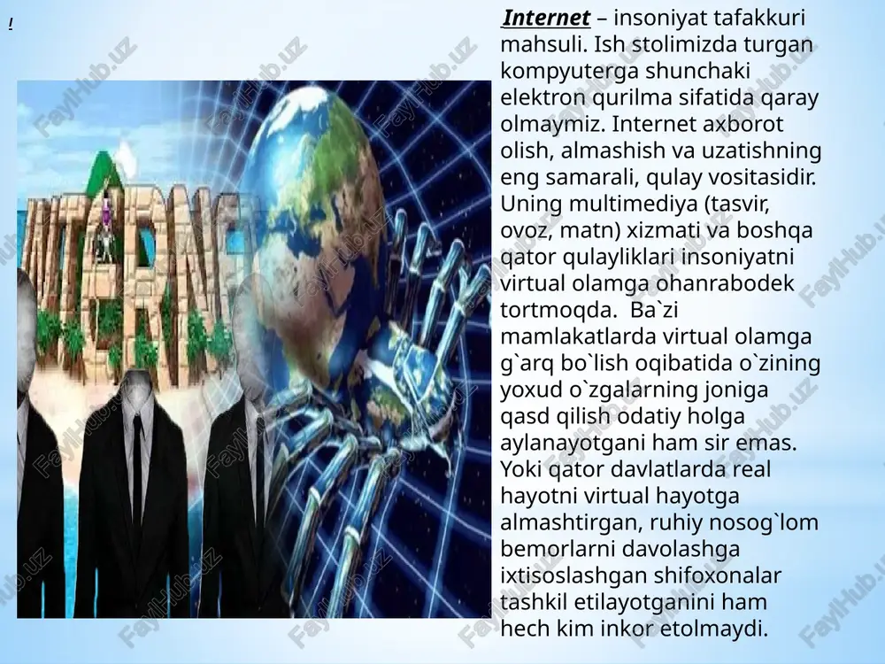 hiliklarga yo`l qo`ymaslik tushuniladi. keltirilgan veb-saytlar tahlil qilinsa quyidigi salbiy holatlar va kamchiliklar uchrab turadi: “o`zbekiston respublikasida yoshlarga oid davlat siyosatining asoslari to`g`risida” “o`zbekiston respublikasida yoshlar orasida odob-axloqni buzishga, shu jumladan, zo`ravonlikni, hayosizlikni va shafqatsizlikni tashviqot qilishga qaratilgan har qanday xatti-harakatlar man etilishi”, “bola huquqlarining kafolatlari to`g`risida”gi “pornografiya, shafqatsizlik va zo`ravonlikni namoyish etuvchi, inson qadr-qimmatini taqqirlovchi, bolalarga zararli ta`sir ko`rsatuvchi va huquq buzarliklar sodir etilishiga sabab bo`luvchi ommaviy axborot vositalaridan foydalanish, adabiyotlarni tarqatish hamda filmlarni namoyish etish taqiqlanishi” internetning kashf etilishi insoniyat hayotida katta o`zgarishlarga sabab bo`ldi. dunyo aholisining soni hozir yetti milliarddan oshgan bo`lsa, shundan uch milliarddan ziyodi internet tarmog`iga ulangan. 2021-yilgi statistikaga ko`ra, o`zbekistonda ham aholining 60 foizdan ortig`i internetdan foydalanadi va bu raqam yildan yilga o`sib bormoqda. shunday ekan, internetning foyda va salbiy tomonlari haqida batafsilroq ma`lumot olishga ehtiyoj bor. ayniqsa, o`zbek tilida bu mavzuda manbalar juda kam. 10 oddiy elektron pochta (email) xizmatini olib ko`raylik. bir …
