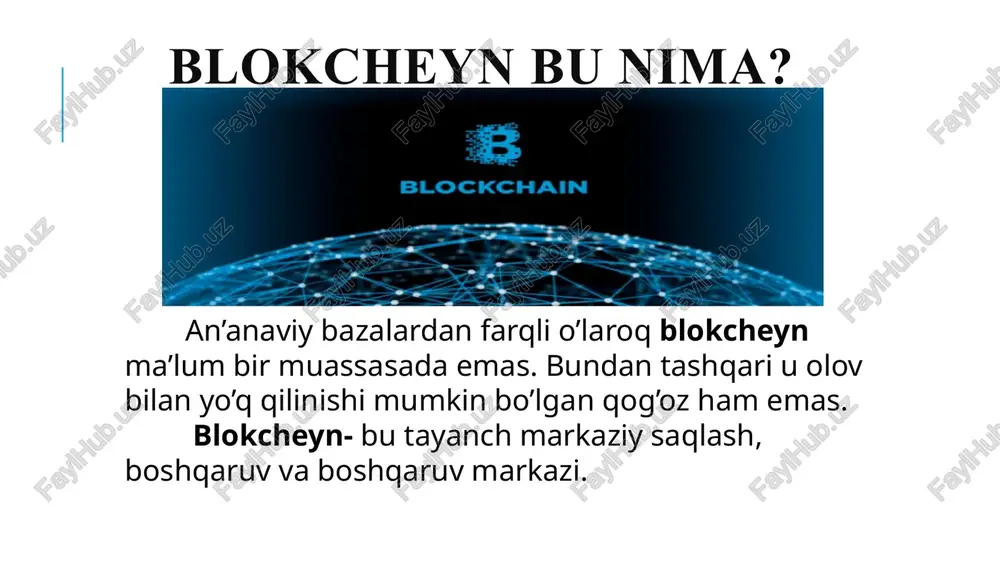 ommaga taqdim etdi. bunday to’lovlarni amalga oshirishda ishlatiladigan pul birligining nomi esa bitkoin deb ataldi. 10 10 bitkoin va ushbu to’lov tizimning ko’rsatgichlari: markazlashmagan tizim – bunda har bir ishtirokchi teng huquq va imkoniyatlarga ega; hisob-kitoblarning to’liq saffofligi – har bir ishtirokchi barcha tranzaktsiyalarni ko’rishi mumkin; nazoratning yo’qligi – hech bir davlat yoki tashkilot tizim ichidagi operatsiyalarni nazorat qila olmaydi; sirlilik – tizim ishtirokchilar haqidagi ma’lumotlarni tasdiqlanishini so’ramaydi; kriptotangalarni emissiya qilish cheklangan – jami 21 million btc (bitkoin tangasi) chiqariladi; balans ikki yoqlama yozuv asosida bo’lmaydi, balki barcha tranzaktsiyalar xronologik tartibda barcha ishtirokchilarda ko’rinadi; kriptovalyutalar inflyatsiyaga uchramaydi. qiymati esa bozordagi talab va taklifga qarab o’zgaradi; yuridik (huquqiy) jihatdan kriptovalyutalarning ishlatilishi uchun hech qanday asos mavjud emas; bitkoin va u bilan bog’liq operatsiyalarning amalga oshirilishi uchun faqatgina internet tarmog’iga ulangan ishtirokchilarning mavjud bo’lishi kifoya. 11 kriptovalyutaning afzallik va kamchiliklari chegaralangan. kriptovalyuta yaratilgan algoritmga asosan, ja’mi 21 000 000 gacha bitcoin topish …