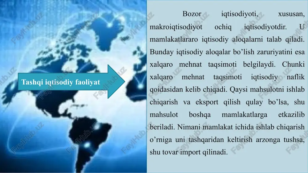 a 17.7 15.5 8.3000000000000007 5.9 5.9 2.5 2.2999999999999998 tashqi savdo prodaji 100 respublika toshkent surxondaryo 100 34.200000000000003 1.2 savdo-sanoat palatasi oʼzbekiston savdo-sanoat palatasi tomonidan 2021 yil 4 fevral kuni oziq-ovqat va qishloq xoʼjaligi korxonalari uchun tashqi iqtisodiy faoliyat operatsiyalarida tijorat banklari tomonidan taklif etilayotgan zamonaviy moliya-lashtirish xizmatlariga bagʼish-langan vebinar tashkil etildi. ushbu tadbirda 50 ga yaqin oziq-ovqat va qishloq xoʼjaligi mahsulotlari ishlab chiqaruvchi mahalliy korxonalar ishtirok etdilar. 10 vebinar maqsadi vebinarda tashqi savdoni olib borishda eksport va import operatsiyalarini bank tomonidan moliyalashtirishning zamonaviy uslublari mahalliy ishlab chiqaruvchilarga taklif etildi. bunda import operatsiyalarida xorijiy davlatlardan xarid qilinadigan tovarlar boʼyicha ishonchli xorijiy banklar bilan hamkorlikda tovar xarid qilishni moliyalashtirish va tovarni oʼzbekistonga yetib kelishini kafolatlashga qaratilgan bank xizmatlari boʼyicha taqdimot oʼtkazildi. tashqi iqtisodiy faoliyat ishlab chiqarishning xalqaro kooperatsiyalashuvi xalqaro mehnat taqsimotining asosiy rivojlanish yo’nalishlaridan hisoblanadi. bunday kooperatsiyaning asosi bo’lib ishlab chiqarish kuchlarining o’sish darajasi va mamlakat ichida yoki tashqarisida bo’lishidan qat’iy nazar …