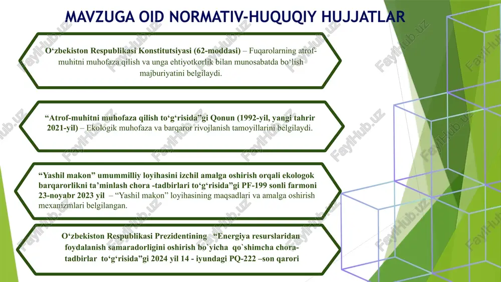 anligi kasbiy ekologik ta’lim va tarbiyaga zamin tayyorlash maktab dasturlariga kiritilgan. “maktab bog‘i”, “atrof-muhit tarixi”, “maktabda ekologiya”,“ekologik ustaxona”, “tabiat uchun ijodiyot”; tabiatni muhofaza qilish aksiyalarini o‘tkazish “ozon”, “alp faoliyati” va boshqa mutaxassislarga konsultatsiyalar. ekologik ta’lim va tarbiya muammolari barcha pedagogik kasbiy ta’lim tizimiga kiritilgan. pedagoglarni tayyorlashda majburiy ekologik ta’lim, fanlararo mustaqil ta’lim, tegishli o‘quv materiallarning ommabopligida namoyon etgan. ekologik ta’lim va tarbiya quyidagi masalalarni hal qilishga qaratilgan: inson va atrof - muhit o‘rtasidagi aloqadorlikning kompleksliligini tushuntirishga yordamlashish; ekologik muammolar yechimini qabul qilish jarayonida ishtirok etish, deb qaraladi avstriya daniya irlandiya qiyosiy tahlil etilganligi t/r amaldagi holat (o‘zbekistonda) amaldagi holat (xorijda) takliflar 1 o‘zbekiston maktablarida ekologik loyihalar bor, lekin ularning aksariyati mavsumiy va doimiy tizimga ega emas. avstriya – “ecoschools” dasturi maktablar ekologik menejment tizimini joriy qiladi, o‘quvchilar ekologik loyihalarda ishtirok etadi va maktab atrofida yashil hududlar yaratiladi. har bir maktabda ekologik menejment tizimini ishlab chiqish va ekologik darslar bilan integratsiya …