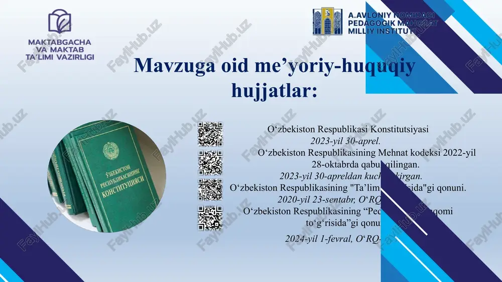 tomonidan nazorat qilinadi. maktablarda mehnat muhofazasi bo‘yicha muntazam monitoring tizimini joriy etish. xulosa: xulosa o‘rnida shuni ta’kidlash joizki, bugungi kunda ta’lim muassasalaridagi rahbar va xodimlar yuqori darajadagi salohiyat, bilim va malakaga ega bo‘lishlari, o‘z sohasida tajriba orttirishlari zarur. bu darajaga erishish uchun albatta mehnat munosabatlarini qonuniy, adolatli va shaffof yo‘lga qo‘yilishi hamda yetarlicha shart-sharoitlar yaratilishi, maktablarda bilim beruvchilar zamonaviy yangi texnologiyalar va pedagogik innovatsiyalarni qo‘llashga tayyor bo‘lishlari biz istagan zamon talabiga mos yoshlarimizning shakillanishiga sabab bo‘ladi! takliflar: maktab ichki nizomlarini yangi tahrirdagi mehnat kodeksiga moslashtirish va amaliyotda qo`llanilishiga erishish; o‘qituvchilar va xodimlar uchun huquqiy seminarlar tashkil qilish; ish yuklamalarini qonuniy va adolatli taqsimlash hamda xodimlarga samarali va qo‘llab-quvvatlovchi ish muhitini yaratish, xodimlarni yanada rivojlantirish uchun imkoniyatlar va resurslar taqdim etish. chora-tadbirlar rejasi: t/r muammo muammoning yechimini amalga oshirish mexanizmi mas’ullar muddati natija 1. xodimlarning yangi tahrirdagi mehnat kodeksi bo‘yicha yetarlicha ma’lumotga ega emasligi. 1.yangi tahrirdagi mehnat kodeksining asosiy qoidalarini tushuntirish. …