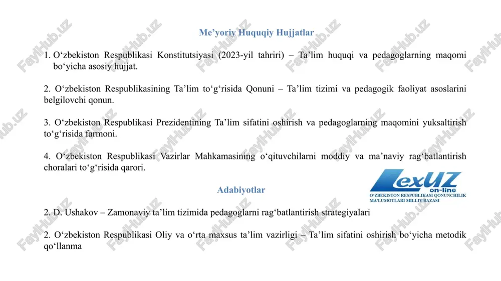 ida qatnashadi. ular doimiy ravishda yangi pedagogik yondashuvlarni o‘rganishlari uchun qo‘llab-quvvatlanadi. o‘qituvchilar turli darajadagi mukofotlar, grantlar va moddiy rag‘batlardan foydalana oladi. ularning faoliyati natijalarga asoslangan holda baholanadi. o‘qituvchilar uchun uchta asosiy rivojlanish yo'nalishi mavjud: pedagogik ustozlik, ijtimoiy rahbarlik va ta’lim siyosati bo'yicha mutaxassislik. bu ularga kasbiy yo‘nalish bo‘yicha o'sish imkonini beradi. o‘qituvchilari o‘quvchilarning natijalariga qarab baholanadi. bu esa ular uchun raqobat muhitini yaratadi va yanada samarali ishlashga turtki bo‘ladi. hukumat o‘qituvchilarga doimiy ravishda treninglar, seminarlar va xorijiy tajribalarni o‘rganish imkoniyatini yaratadi. qiyosiy tahlil t/r amaldagi holat (o‘zbekiston ) amaldagi holat xorijda (aqsh, singapur) taklif 1 o‘zbekistonda o‘qituvchilarning uzluksiz malakasini oshirishga doimiy e’tibor qaratilmoqda. ammo, o‘qituvchilar bundan ko‘zlangan natijani bermayapti.sababi asl mohiyatni anglab yetganicha yo‘q. o‘qituvchilarning professional rivojlanishi uchun ko‘plab imkoniyatlar mavjud, lekin bu tizim ko‘proq raqobatga asoslangan va natijalarga bog‘liq. o‘zbekistonda pedagoglar malakasini oshirish uchun samarali tizimlar yaratilib, ularni muntazam ravishda yangi metodologiyalar va texnologiyalar bilan tanishtirish zarur. 2 ta’lim …