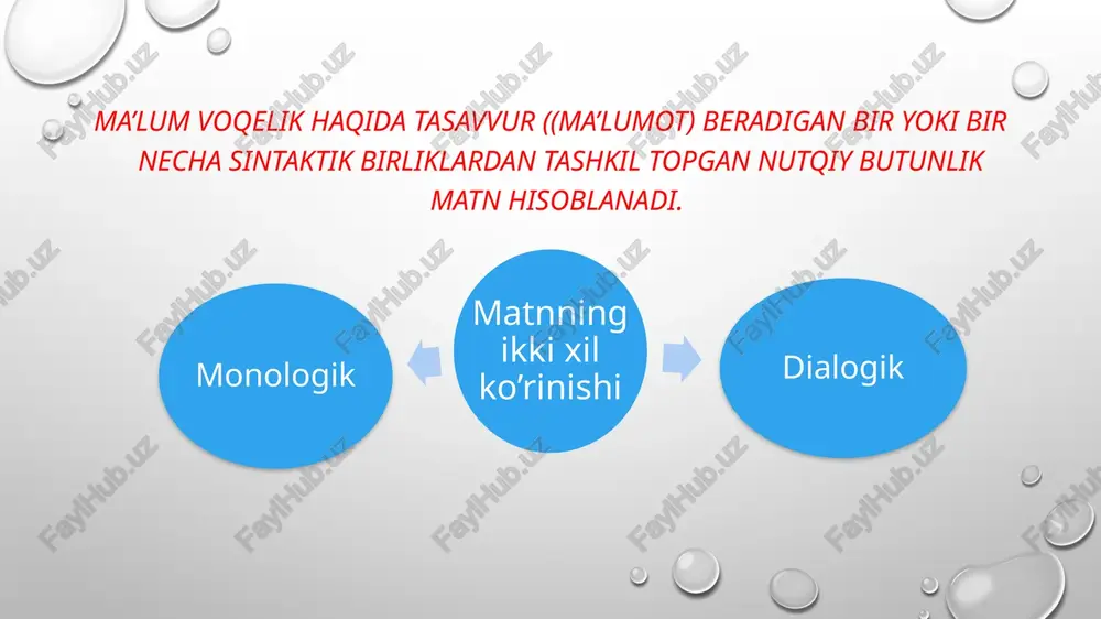 aqsadga muvofiq tarzda tanlash; baynalmilal terminlarni adabiy tilning leksik me’yoriga muvofiq holda tanlash; terminni matn mazmuniga mos tarzda tanlash; so‘z va terminni matnning uslubiy xususiyatiga mos ravishda tanlash. matn tilini ilmiy o‘rganishda undagi tovush(harf) va mazmun munosabatiga alohida e’tibor qaratish kerak. matn tilshunosligi ilmiy jihatdan boshqa tilshunoslik sohalaridan farq qiladi. tilshunoslik, umuman, tilda fonema (tovush), morfema (eng kichik ma’nodorbirlik), so‘z (tilning asosiy markaziy birligi), so‘z birikmasi va gapni birliklar sifatida ajratib, ularni fonologiya, morfologiya, leksika, sintaksis va stilistika kabi til bosqichlarida o‘rganadi. matnshunoslikka oid adabiyotlarda qayd etilishicha, har qanday matn, u ilmiymi, rasmiymi, badiiymi – bundan qat’iu nazar, mantiq qoidalariga asosan shakllanishi lozim. izchillik ana shu qoidaning birinchi talabidir. matnda har bir so‘z, har bir gap va abzatslar o‘rtasida mantiqiy bog‘lanish va izchillik bo‘lishi lozim. agar shunday bo‘lmasa, matnni tushunish qiyin bo‘ladi. vazifa: 1-topshiriq. adabiy nutqqa misol bo`la oladigan 3 ta gap tuzing. namuna: biz hamisha jamoatchilik bilan hamkorlikda ishlab …