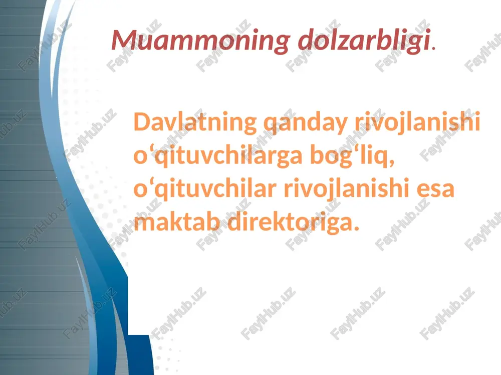 ektor psixolog kuk raisi o`quv yili davomida ta`lim sifatiga erishish. 5 o`z ustida ishlamaydigon pedagoglar pedagog kasbi mohiyatini tushintirish (videoroliklar orqali). maktab rahbar xodimlari o`quv yili davomida kasbga bo`lgan hurmat va o`ziga ishonch. xulosa maktablarda “kasbiy rivojlantirish kuni”ni joriy etilishi o‘qituvchilarning malakasi va o‘quv jarayonining samaradorligini oshirish bilan bir qatorda o‘quvchilar hamda ularning ota-onalarining sifatli ta`limga bo‘lgan ehtiyojlarini qondira oladigon raqobatbardosh maktab jamoasini shakllantirish. takliflar o‘qituvchilar orasida barcha fanlar kesimida fan olimpiadalari va tanlovlar, zakovot o`yinlari tashkil etish; maktab ichida “ta`lim sifati nazorati” ishchi guruh tashkil etish; dars taqsimoti o’qituvchining ta’lim sifati samaradorligi hamda salohiyatiga qarab taqsimlash; o’qituvchilar reytingiga asoslanib maktab rahbariyati tomonidan online yoki offline malaka oshirish tartibini belgilab berish; maktabning “yil o‘qituvchisi” va “eng yaxshi dars”tanlovi joriy etish; sinf rahbarligi yuqori sinflarda fan o`qituvchilariga berilmaslik,sinf rahbarlik uchun shtat joriy qilinishi. “siyosiy saboq darsi” maktab rahbar xodimlar tomonidan o`qituvchilar uchun tashkil qilish. e’tiboringiz uchun rahmat! image1.jpg image2.png image3.png image4.jpg …