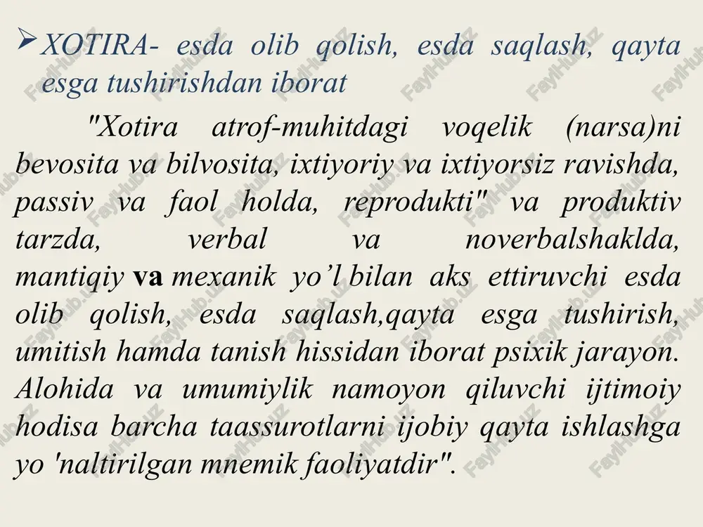 tira rasmlarning izlarini juda uzoq vaqt saqlashi mumkin va ularni keyinchalik kelajakdagi faoliyatida qo‘llashga imkon beradi. bu ruhiy jarayonning o‘ziga xos turlari mavjud: biologik, epizodik, assotsiativ, reproduktiv, rekonstruktiv, avtobiografik. biologik yoki genetika deb ham ataladi. chunki bu irsiyatning mexanizmi. inson avvalgi davrlarda evolyutsiya davridagi odamlarga xos bo‘lgan bunday yurish-turish modellariga ega, bu reflekslarda va instinktlarda ifodalanadi. epizodik muayyan vaziyatga bog‘langan materiallarning bo‘laklaridan iborat. reproduktiv ma’lumotlarning takrorlanishi orqali yuzaga keladi. ya’ni, saqlangan obektning asl ko‘rinishini chaqirish. rekonstruktiv xotira dastlabki shakldagi ogohlantiruvchi ketma-ketlikni tiklashga yordam beradi. avtobiografiya xotirasi insonga o‘z hayotidagi voqealarni eslab qolishga yordam beradi. image1.png image2.png image3.png image4.png image5.png image6.png image7.png image8.png image9.png /docprops/thumbnail.jpeg