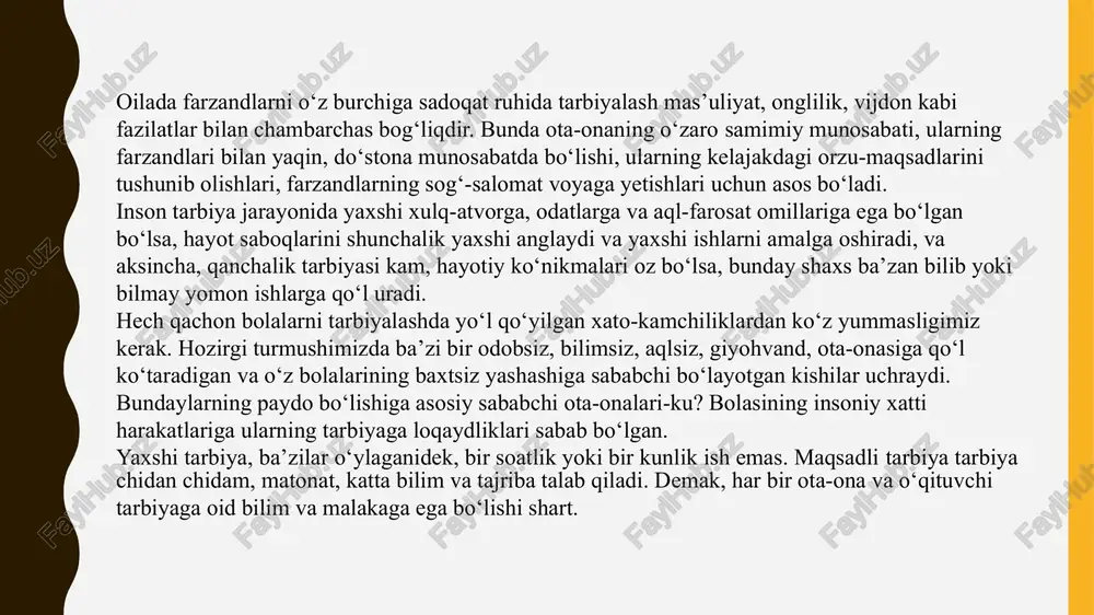 y naqsh solinsa, shunga ko‘ra shakllanadi, eggan tomonga egiladi. agar bola yaxshilikka o‘rganib, yaxshilik ichida voyaga yetsa, dunyo va oxirat saodatini topadi. albatta bu savobga uning ota-onasi, muallimi va unga tarbiya bergan har bir kishi sherikdir. agar bola e’tiborsiz tashlab qo‘yilsa, yomonlik ichida o‘ssa, badbaxtlikka yuz tutadi va halok bo‘ladi. bunda gunoh yuki shu ko‘yga solganlarning, ota-onaning zimmasiga yuklanadi” deydi. bu xususda alloh taolo tahrim surasida “ey mo‘’minlar, sizlar o‘zlaringizni va ahli oilalaringizni do‘zaxdan saqlangiz”, deb ogohlantiradi. tarbiyaning ikki asosi bor: fazilatni qo‘riqlaydigan go‘zal axloq va yaramas yo‘ldan, yomon ahvolga tushishdan saqlaydigan hushyorlik. ota farzandini dunyo olovidan qanchalik himoya qilsa, oxirat olovidan undan-da ko‘proq himoya qilmog‘i kerak. odobu tarbiya vositasida yaxshi xulqlarni o‘rgatish, yomonliklardan qaytarish, to‘kin-sochinlikka odatlantirmaslik, ziynatga muhabbat uyg‘otmaslik bilan ota farzandini oxirat olovidan asraydi. farzand tarbiyasi qanchalik erta boshlansa, tarbiya natijasi shunchalik samarali bo‘ladi. chunki erta yoshda ularni yaxshilik tomon burish osonlik bilan kechadi. tarbiyasizlikdan vujudga kelgan yomon …