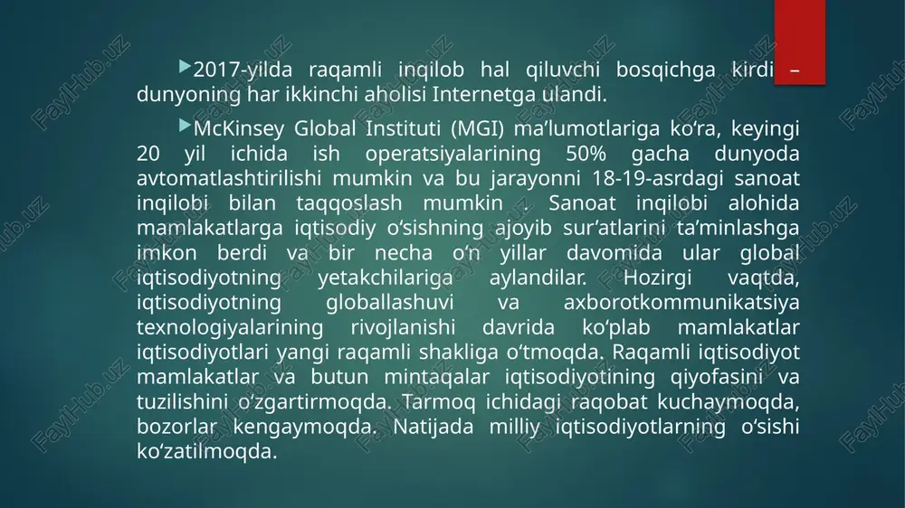 otgan mahsulotlar bilan bog‘liq xizmatlar doirasini ham tubdan o‘zgartiradi . ishlab chiqarishning kiberfizik tizimlari an’anaviy ishlab chiqarish mantig‘ini tubdan o‘zgartiradi. har bir ishchi ob’yekt mustaqil ravishda ishlab chiqar element o‘zi uchun amalga oshiriadi. ma’lumotlar o‘rtasidagi aloqani ta’minlaydi va unga kirishni yaxshilaydi avtomatik ravishda voqealar boshlanishi kuzatadi va qaror qabul qilish uchun ma’lumotlarni taqdim etadi ta’sir etish mexanizmlarni ishga soladi va avtomatlashtirishni va masofaviy boshqarish o‘z ichiga oladi lishi kerak nima ish aniqlaydi ishlab chiqarish. ushbu sanoat tizimlarining butunlay yangi arxitekturasini mavjud ishlab chiqarish quvvatlarini raqamli modernizatsiya qilish orqali bosqichma-bosqich joriy etish mumkin . sanoat 4.0 ni qurish tamoyililari germaniyalik mutaxassislar sanoat 4.0 ni qurish uchun bir nechta asosiy prinsiplarni ishlab chiqdilar, shundan so‘ng kompaniyalar to‘rtinchi sanoat inqilobining ssenariylarini o‘z korxonalarida amalga oshirishlari mumkin. birinchi tamoyil bir-biriga mosligi bo‘lib – bu buyumlar interneti orqali mashinalar, vositalar, qurilmalar, sensorlar va odamlarning o‘zaro aloqada bo‘lishlari va bir-biri bilan aloqa qilish qobiliyatini anglatadi. ikkinchi …
