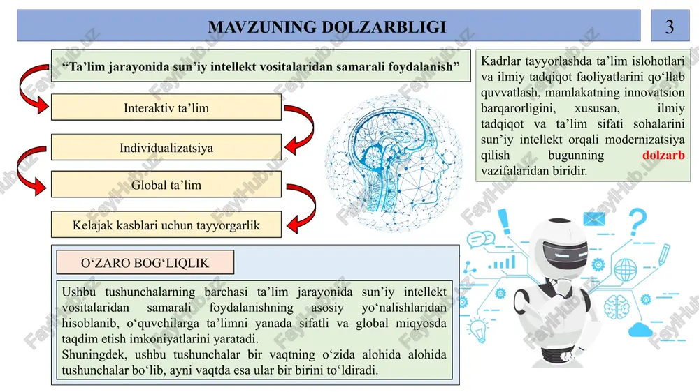 i yanada sifatli, samarali va qiziqarli qilishga xizmat qilishdir ta’lim jarayonida sun’iy intellekt vositalaridan foydalanishning asosiy maqsadi: o‘qituvchilarning ish yukini kamaytirish o‘quv jarayonini optimallashtirish interaktiv o‘quv materiallarini ishlab chiqish ta’lim jarayonida sun’iy intellekt vositalaridan foydalanish vazifalari: o‘quvchilarning ehtiyojlarini aniqlash xavfsizlik va maxfiylikni ta’minlash 7 xorijiy tajribalar tahlili janubiy koreya 2025-yildan 2028-yilgacha bosqichma bosqich maktablarda sun’iy intellektga asoslangan raqamli darsliklarni joriy etish boshlanadi. bu orqali ta’limni individuallashtirishga va ta’lim sohasini raqamli transformatsiya qilishga qaratilgan xitoy ta’lim tizimida, shuningdek, o‘quvchilar diqqatini jamlashda sun’iy intellekt texnologiyalardan keng foydalanmoqchi. bunda maxsus ishlab chiqilgan bosh bog‘ich, o‘quvchilarning darsga e’tibor darajasi haqida o‘qituvchiga tezkor ma’lumotlarni uzatadi buyuk britaniyada sun’iy intellektga asoslangan “intelligent tutoring systems” va “squirrel ai” kabi tizimlari o‘quvchilarning qobiliyatlarini aniqlashda va ularga ta’limning mos shakli va turini o‘qitish strategiyalarini taklif qilish yoki ishlab chiqishda foydalaniladi 8 qiyosiy tahlil amaldagi holat taklif ta’lim platformalari: o‘zbekistonda onlayn ta’lim platformalari, masalan, “ziyonet”, “maktab.uz”, “innova.uz”, “study.uz” va “i-talaba” …