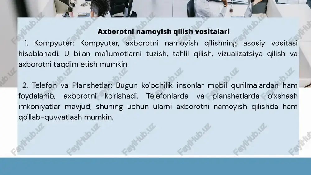 . axborot tizimlari quyidagi hossalar bilan harakterlanadi. har qanday axborot tizimi, tizimni tashkil etishning umumiy prinspi asosida tahlil qilinadi va boshqariladi. axborot tizimi dinamik ko’rinishga ega bo’lib, rivojlanuvchi tizim hisoblanadi axborot tizimining maxsuloti ham axborot hisoblanadi axborot tizimini odam-kompyuter tizimi ko’rinishida tasavvur qilish lozim axborot tizimlarini hayotda qo'llab qanday natijalar olish mumkin matematik metod va intellektual tizimlarni qo'llab, boshqarishning optimal variantlarini olish. tizimni avtomatlashtirish natijasida ishchilarning vazifalarini engillashtirish. eng tog’ri axborotga ega bo'lish. axborotlarni qog’ozda emas balki magnit yoki optik disklarda saqlash mahsulot ishlab chiqarish sarf harajatlarini kamaytirish. foydalanuvchilar uchun qulayliklar yaratish. axborot tizimlarida boshqaruv tuzilmasining o'rni axborot tizimi jamiyat va har bir tashkilot uchun quyidagilarni bajarishi lozim: 1.axborot tizimining tuzilmasi va uning qo'llanilish maqsadi, jamiyat va korxona oldida turgan vazifa bilan to'g'ri kelishi kerak. masalan; tijorat firmasida – foydali biznes, davlat korxonasida ijtimoiy va siyosiy vazifalarni bajarishi kerak. 2. axborot tizimi inson tomonidan boshqarilishi va ijtimoiy etika prinsplari asosida …