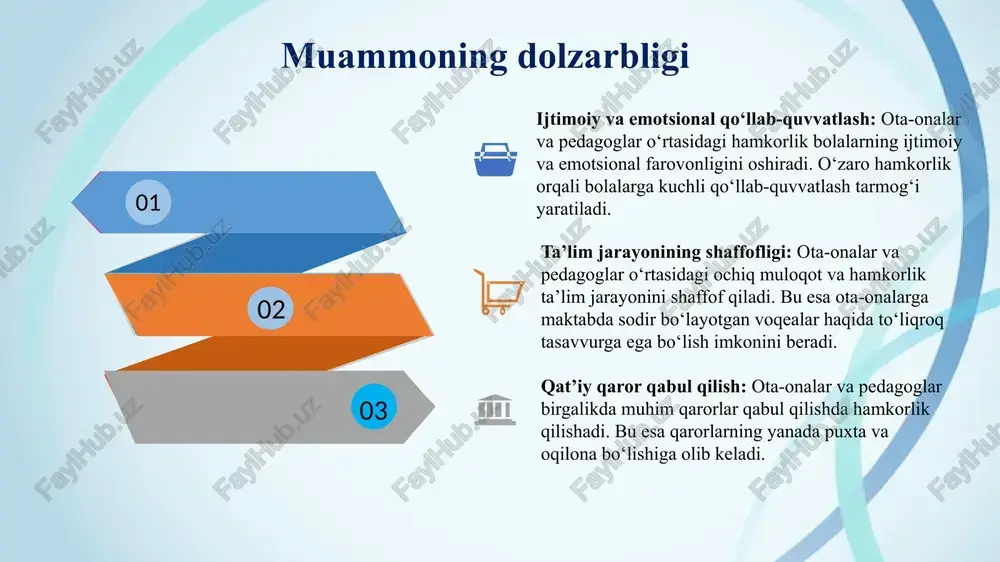 orligini oshirish maktablarda ota-onalar va pedagoglar o‘rtasida hamkorlik munosobatlariga bog‘liqdir. buning uchun avvalo ota-onalar va pedagoglar o‘zaro samarali muloqot orqali yaxshi hamkorlik yo‘llarini yaratish kerak. bundan tashqari maktabda ota-onalar uchun turli seminarlar, uchrashuvlar va yig‘ilishlar o‘tkazish hamda ta’lim jarayoniga faol jalb qilish, ularning fikr va takliflarini inobatga olish orqali ta’lim sifatini oshirish mumkin. bu o‘zaro ishonchni mustahkamlaydi va o‘quvchilarga yordam berishda samarali bo‘ladi. 10 taklif: har chorakda yoki yarim yilda bir marta maktabda ochiq eshiklar kunini o‘tkazish. bu kunda ota-onalar dars jarayonlarini kuzatib borishlari, pedagoglar bilan bevosita muloqot qilishlari mumkin ota-onalarni maktabda o‘tkaziladigan tadbirlar va loyihalarda faol ishtirok etishga jalb qilish ota-onalar va pedagoglarning doimiy samarali muloqot qilishlariga doimiy vaqt topishga erishish chora-tadbirlar rejasi t/r muammo amalga oshirish mexanizmi ma’sullar muddat natija 1 umumta’lim maktablarida ochiq eshiklar va tadbirlarda ota-onalarning tashrifining doimiy emasligi ota-onalarga maktabdagi o‘qitish jarayonlari bilan yaqindan tanishish imkoniyatini berish uchun muntazam ravishda ochiq eshiklar kunlarini tashkil etish …
