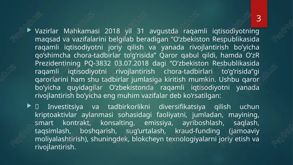tlashgan jamiyatjarayonlari hisoblanadi. raqamli iqtisodiyot nazariyasi o‘z rivojlanishining boshlang‘ich davridadir, chunki tsivilizatsiyaning raqamli axborot bosqichiga o‘tishi bir necha o‘n yilavvalgina boshlangan.“raqamli iqtisodiyot” atamasi ilmiy amaliyotga ispaniyalik va amerikalik sotsiolog, axborotlashgan jamiyatning yetakchi tadqiqotchisi manuel kastels tomonidan kiritilgan. bu borada u o‘zining “axborot davri: iqtisod, jamiyat va madaniyat” nomli uch jildli monografiyasini chop etgan. hozirgi vaqtga kelib, raqamli iqtisodiyot nazariyasi to‘laligicha hali shakllanmagan va ko‘pchilik iqtisodchilar tomonidan keng miqyosda o‘rganilmoqda.ilmiy adabiyotlarda hozirgi zamon “yangi raqamli iqtisodiyoti” turli 9 xil atamalar bilan nomlanadi. masalan, “postindustrial iqtisodiyot” (d.bell), “axborotlashgan iqtisodiyot” (o.toffler), “megaiqtisodiyot” (v.kuvaldin), “axborot va aloqaga asoslangan iqtisodiyot” (i.niniluto), “texnoiqtisodiyot yoki raqamli iqtisodiyot” (b.geyts), “bilimlarga asoslangan iqtisodiyot” (d.tapskott). 6 umumjahon tendensiyalari va tashqi siyosatda ro‘y berayotgan hodisalardan kelib chiqib, o‘zbekiston oldida global raqobatbardoshlik va milliy havfsizlik masalasi turibdi va ushbu masalani hal qilishda mamlakatda raqamli iqtisodiyotni rivojlantirish muhim va hal qiluvchi rol o‘ynaydi. mamlakatimizda raqamli iqtisodiyotning ayrim elementlari allaqachon muvaffaqiyat bilan ishlamoqda. hozirgi …