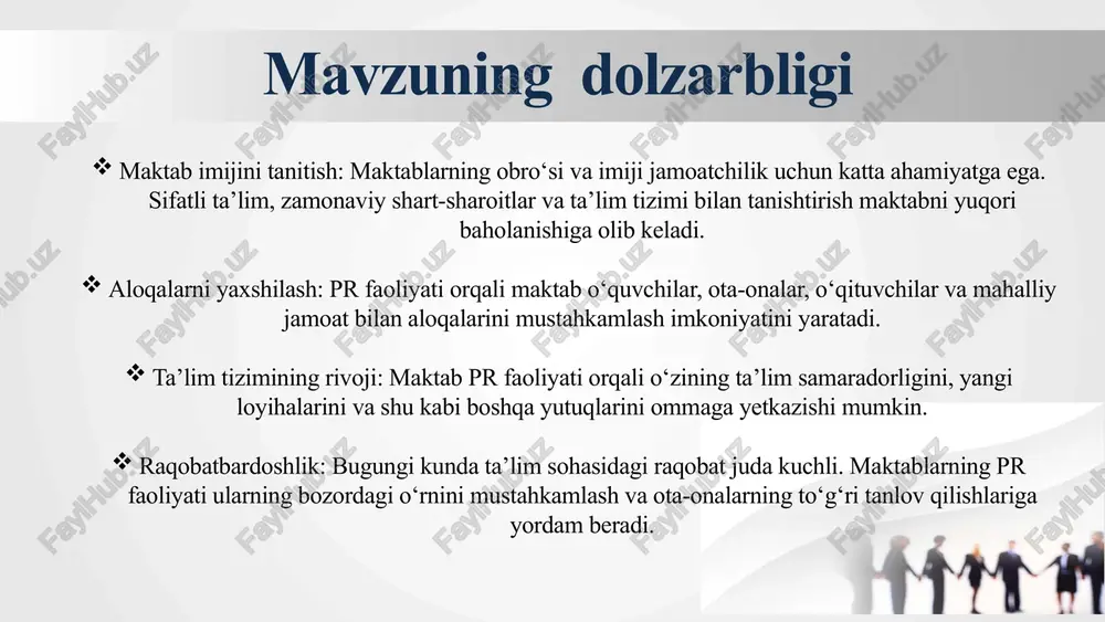 ldagi holat (o‘zbekistonda) amaldagi holat (xorijda) takliflar 1 maktabda ota-onalar va mahalla faollari bilan yaqin aloqalar o‘rnatilgan, ota-onalar farzand taqdiriga, kelajagiga befarq emas, ko‘proq maktabga tashkiliy-homiylik yo‘nalishida kelishadi . shvetsiyada maktab rahbarlari mahalliy fuqarolar, ota-onalar va jamoatchilik tashkilotlari bilan birgalikda qarorlar qabul qiladi. maktablar muntazam ravishda ochiq eshik kunlari, forumlar va onlayn platformalar orqali jamoatchilik bilan aloqalarni mustahkamlashga intiladi. bu esa ishtirokchilar o‘rtasida ochiq muloqatni ta’minlaydi. ota-onalarni dars jarayoniga doimiy jalb qilish, jamoatchilik bilan hamkorlikda texnologik va ijodiy loyihalarni yo‘lga qo‘yish. maktab pr faoliyatida sun’iy intelektdan foydalanish 2 maktablar jamoatchilik bilan birgalikda turli madaniy, sport va ma'naviy-ma'rifiy tadbirlar o‘tkazib, o‘quvchilarning bo‘sh vaqtini mazmunli o‘tkazishiga sharoit yaratib bergan xavfsizlik choralari hali rivojlanayotgan bosqichda. maktabda ota-onalar va jamoatchilik vakillari maktab kengashlarida faol ishtirok etishadi. bu esa maktabning strategik qarorlarida keng jamoatchilik fikrini inobatga olishga imkon beradi. maktablarning jamoatchilik bilan aloqalarini rag‘batlantirishga qaratilgan. pedagoglarni,ota-onalarni mazmunli dam olishi uchun madaniy uchrashuvlar, ko‘rgazmalar va milliy …