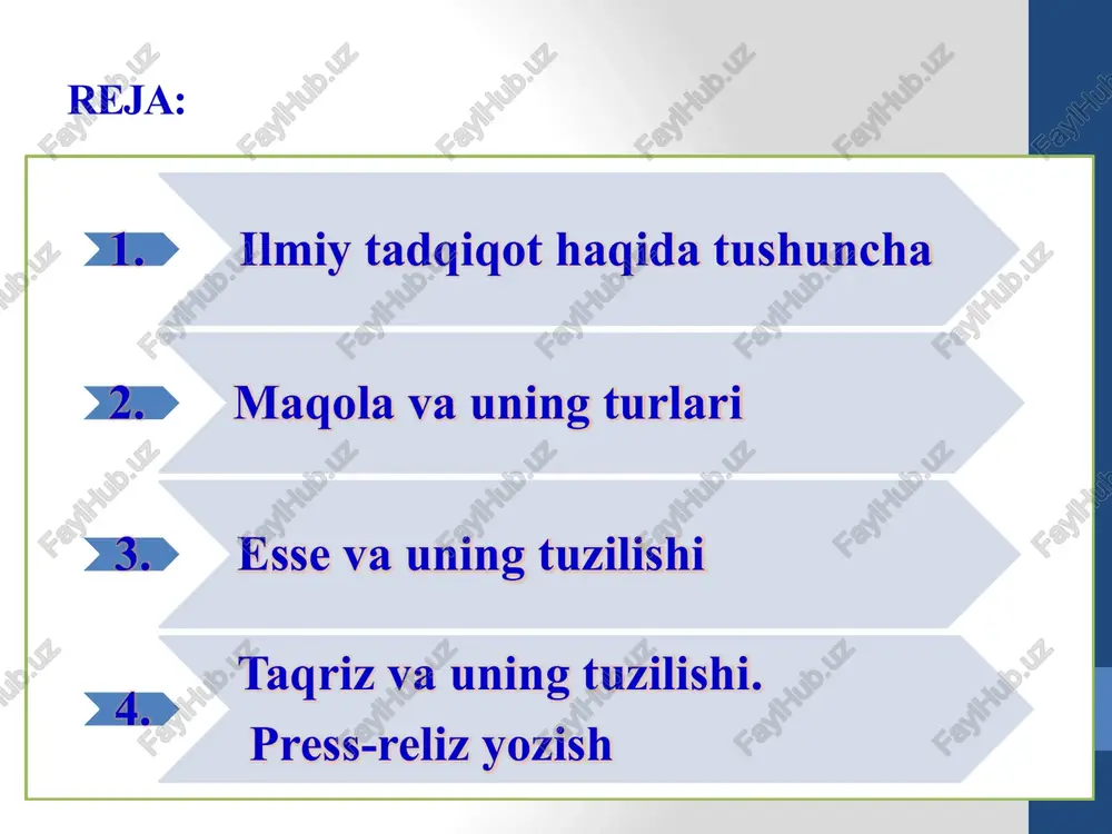 erda bo‘ladi. essening qanday turlari bor? adabiy tanqidiy mavzularda yozilgan, adabiyotshunoslik, nafosatshunoslik, falsafa masalalari erkin talqin qilinadigan janr badia “esse” deyiladi. b/b/b jadvali talabalar har qanday mavzudagi qarama-qarshi fikrlar va qarashlarni o‘zlashtirishlari, ya’ni ularni tahlil va kerak bo’lsa tanqid qilib ham o‘rganishlari talab qilinadi. muhokama va bahs olib borish usullari va ilmiy tarzda o‘z xulosalaringizni taqdim etish yo‘llari muhim ahamiyatga ega. muhokama ikki xil yo‘lda tashkil etilishi mumkin. birinchisi – vertikal usul, bunda afzalliklar va kamchiliklar alohida ko’rib chiqiladi. ikkinchisi – gorizontal, bu usulda esa mavzu turli nuqtai nazardan yoritiladi. qarshi fikrlar qarashlarga teskari bo‘lishi mumkin. mavzuni ilmiy muhokama qilayotganda masalaning ikkala tomoni haqida ham qarashlarni bildirib, o‘z fikrlaringizni dalillar bilan qo‘llab-quvvatlashingiz lozim. odatda, o‘z g‘oyangizni taqdim etishdan avval unga teskari bo‘lgan qarashlarni keltirish ma’qulroq. taqriz – adabiy tanqid janri bo’lib, arab tilida ijobiy baho degan ma’noni anglatadi. yangi badiiy, ilmiy yoki ilmiy-ommabop asar tahlili. taqrizda asarning bibliografik tavsifi, shuningdek, …