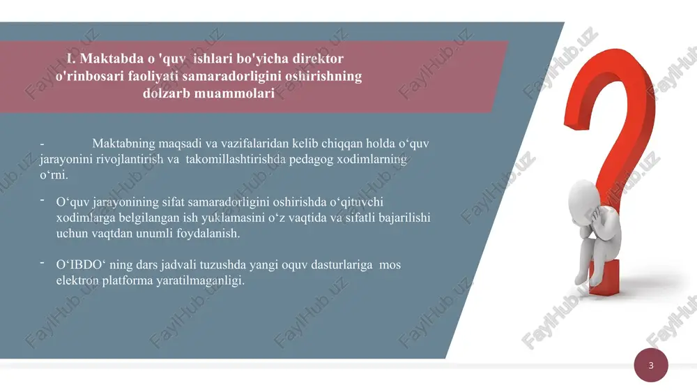 lar va fan toʻgaraklarining ishlashini tashkil qilish; maktabda mezonlarga asoslangan yangi baholash tizimi orqali o‘quvchilarning olgan bilimlarini amaliyotda bilish, qo‘llash va mulohaza qilish ko‘nikmalarini shakllantirish. ilg‘or o‘qituvchilarning ish tajribasini o‘rganish, ommalashtirish, ularni davlat mukofotlariga tavsiya etish, yosh o‘qituvchilarga metodik yordam ko‘rsatish ishlarini tashkil etish. 7 v. mavzu yuzasidan xorijiy tajribalarning o'rganilganligi finlandiya ta’limda ishtirok etayotgan o‘quvchiga xavfsiz o‘quv muhiti. finlyandiyada mahalla maktabi printsipi qo‘llaniladi, ya’ni o‘quvchiga eng yaqin maktabni ko‘rsatadi. biroq, ota-onalar boshqasini tanlashlari mumkin ularning bolasi uchun maktab, tomonidan ko‘rsatilmagan yaponiya yaponiya hukumati barcha ta’lim bosqichlarida sifatni nazorat qilish va yaxshilash ishlari bilan shug’ullanadi. o‘qituvchilarni uzluksiz malakasini oshirish, o‘quv dasturlarini takomillashtirish, o‘quvchilarning bilim va ko‘nikmalarini baholash kabi chora-tadbirlar amalga oshiriladi. rossiya direktorning o'quv ishlari bo'yicha o'rinbosari- ta’lim sifatiga javobgar shaxs. kadrlarni salohiyatini o'rganadi 9 vi. qiyosiy tahlil t/r amaldagi holat (o‘zbekistonda) amaldagi holat (xorijda) taklif o’zbekiston ta’lim tizimi sifatini oshirish maqsadida ta’limda amaliyotga tadbiq etilayotgan tajriba shundan iboratki, maktabda …