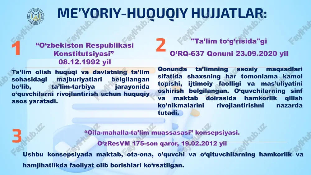 n to‘garaklari va loyihaviy faoliyatlar yo‘lga qo‘yilgan; loyiha asosida ta’lim – turli yoshdagi o‘quvchilar umumiy loyihalar ustida ishlashi; o‘quvchilarning maktab kengashini tashkil etib, kengashda muhim qarorlar qabul qilib, maktabni boshqarishda o‘quvchilarning ishtirok etishi. sinfdan tashqari faoliyatlar maktab kengashi fanlararo loyihalar maktab tadbirlari to‘garaklar va klublar mentorlik dasturlari 01 06 05 02 04 03 sinflararo hamkorlik xulosa biz o‘zbekistonda milliy mentalitetga asoslangan o‘quvchilar o‘rtasidagi hamkorlikning o‘zbekcha modelini yaratishimiz kerak. o‘quvchilarning jamoaviy hamkorlikdagi ishlari - bilimining rivojlanishiga, muloqotchanligining oshishiga, yangicha fikrlashiga va o‘zaro hurmatni shakllanishiga olib keladi. takliflar "ustoz shogird " an’analarini qo‘llab, yuqori sinf o‘quvchilari o‘qish, tarbiya, ijtimoiy ko‘nikmalarni shakllantirishda quyi sinflarga ko‘maklashishi. o‘quvchilarning bilim almashish uchun onlayn forumlar, virtual o‘quv dasturlarini tashkil etish; fan to‘garaklari, yoshlar akademiyasi, debat va zakovat klublarini tashkil qilgan holda o‘quvchilarda 4 k ko‘nikmalarini rivojlantirish. milliy urf-odat, qadriyatlarga asoslangan tadbirlar, “turon teatri”, “vatan tayanchi” otryadi faoliyatini kuchaytirish. 1 2 3 4 sinflar o‘rtasida loyiha ishlari va …