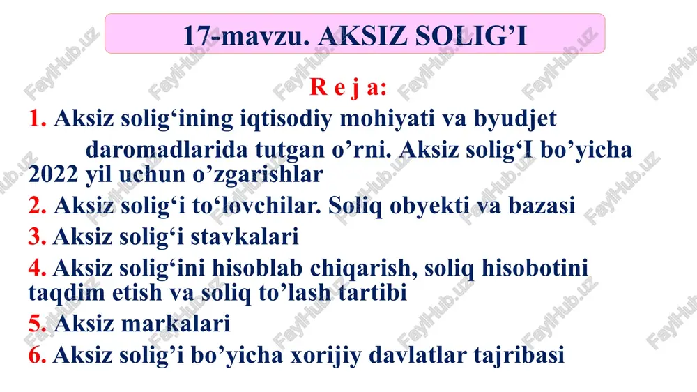 solig‘i davlat byudjeti daromadlarini shakllantirishda salmoqli o‘rin egallaydi, jumladan, davlat byudjetining soliqli daromadlari tarkibida uning salmog‘i 2004-yilda 28.7 foizni, 2006 yilda 18,8 foizni, 2008 yilda 16,5 foizni, 2010 yilda 16,7 foizni, 2012 yilda 15,1 foizni, 2014 yilda 14,9 foizni, 2016 yilda 16 foizni, 2018 yilda 13,4 foizni, 2019 yilda 9,2 foizni, 2020 yilda 8,8 foizni tashkil etmoqda. 11 aksiz solig‘ining iqtisodiy mohiyati va byudjet daromadlarida tutgan o’rni aksiz solig‘ini davlat byudjeti daromadlari tarkibidagi ulushi­ning pasayish tendensiyaga ega ekanligi shu bilan izohlanadiki, o‘zbekiston respublikasi vazirlar mahkamasining 2002-yil 13 noyabrdagi 390-son «bozorni iste’mol tovarlari bilan to‘ldirishni rag‘batlantirish hamda ishlab chiqaruvchilar va savdo tashkilotlarini o‘zaro munosabatlarini takomillashtirish chora-tadbirlari to‘g‘risida»gi qaroriga asosan «o‘zdeuavto» yoaji (hozirgi «jeneral motors o‘zbekiston» yoaji) ishlab chiqarayotgan avtomobillari (lasetti, neksiya, damas, matiz), billurdan qilingan mahsulotlar, mebel, video va audioapparatura hamda kumushdan yasalgan pichoq va sanchqilarga hisoblangan aksiz soliqlari ishlab chiqarishni rivojlantirish, iste’mol tovarlarining assortimentini ko‘paytirish va raqobatbardosh tovarlar ishlab chiqarish …