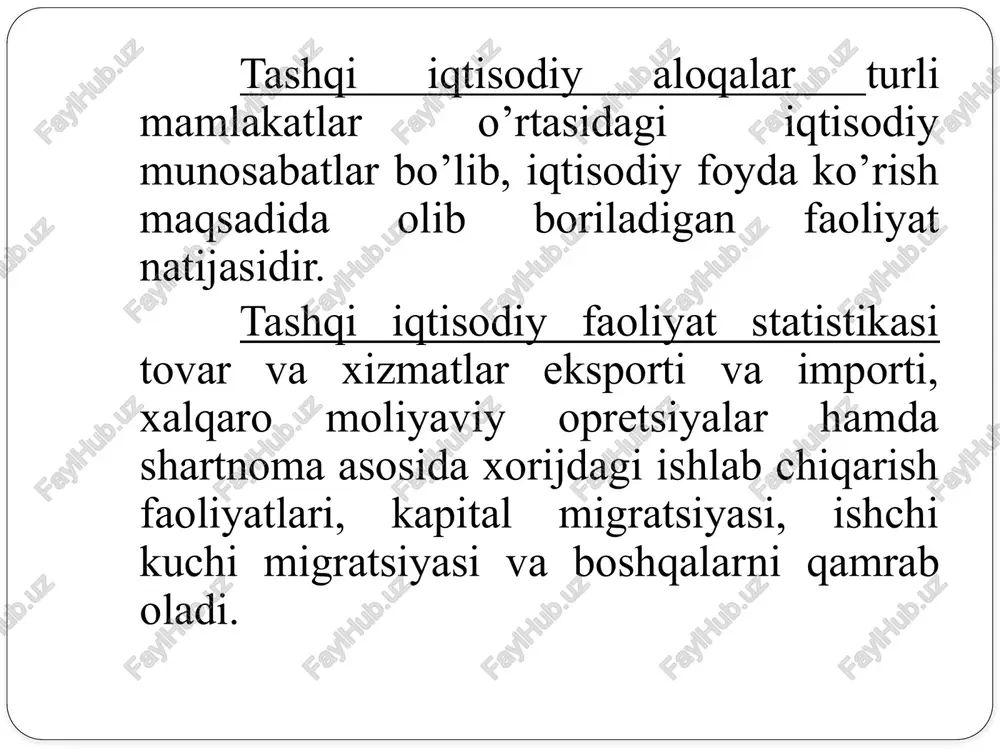 i raqobatbardoshlik darajalari import koeffitsienti (ki) ii – mazkur i mahsulot importi ei - mazkur i mahsulot eksporti ichi - mazkur i mahsulotni ishlab chiqarish jon boshiga to’g’ri kelgan savdo oboroti (ka) - aholining o’rtacha soni regionning xalqaro savdo-sotiqdagi salmog’i (ktsa) rtsa – regionning tashqi savdo oboroti j tsa – jahonning tashqi savdo oboroti kvota - bu umumiy ishlab chiqarish, sotish, import, eksport va boshqa ijtimoiy faoliyat sohalarida kelishuv asosida har bir ishtirokchi uchun joriy qilinadigan hissa. u xalqaro bitimlarga binoan amalga oshiriladi. eksport (ing. export, lot. exportare - chetga chiqarish) deganda tovarlar, xizmatlar va kapitalni tashqi bozorga chiqarish tushuniladi. eksport kvota deganda muayyan tovar (xizmat, kapital)ni eksportga belgilangan hajm (hissa)da ishlab chiqarish va etkazib berish tushuniladi. import (lot. importo – olib kelish) – deganda ichki bozorda sotish uchun mamlakatga xorijiy tovarlar, texnologiya, kapital kiritish va xizmatlar keltirish tushuniladi. import kvota - bu har yili mamlakatga keltirishga ruxsat berilgan xorijiy …