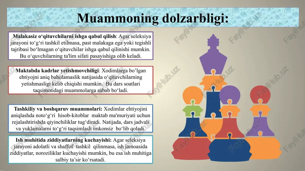 ‘qituvchi tayyorlash dasturlari ishtirok etadi. kadrlarni tanlashda malaka oshirish, sertifikatlar olish va amaliyotlar o‘tash jarayonlari muhim rol o‘ynaydi. janubiy koreya -o‘qituvchilarni tanlash jarayonida ularning fan va pedagogik bilimlari, shuningdek, amaliy tajribalari sinovdan o‘tkaziladi. bunday qat’iy seleksiya o‘quvchilarning bilim saviyasini oshirishda katta rol o‘ynaydi. yaponya-har yili maktab ma’muriyati pedagog xodimlarga bo‘lgan ehtiyojni tahlil qilib, davlat ta’lim boshqarmalariga hisobot beradi. yaponiyada maktablar va mahalliy hokimiyatlar o‘rtasidagi hamkorlik tizimi yaxshi rivojlangan, bu esa ehtiyojni aniqlash va seleksiyani samarali tashkil etish imkonini beradi. mavzu yuzasidan xorijiy davlatlar tajribalari 8 9 t/rgi amaldagi holat (o’zbekistonda) amaldagi holat (xorijda) takliflar 1 o‘zbekistonda ishga kirish uchun bakalavr, chekka hududlarda o‘rta maxsus ma’lumotlar kifoya. aqsh- o‘qituvchilarni tanlash va ularning malakasini baholash tizimi shtatlarga qarab farq qilishi mumkin. o‘qituvchilarni tayyorlash jarayonida universitetlar va maxsus o‘qituvchi tayyorlash dasturlari ishtirok etadi. kadrlarni tanlashda malaka oshirish, sertifikatlar olish va amaliyotlar o‘tash jarayonlari muhim rol o‘ynaydi. o‘zbekistonda pedagoglarni kasbiy faoliyati yuzasidan malaka oshirishlari …