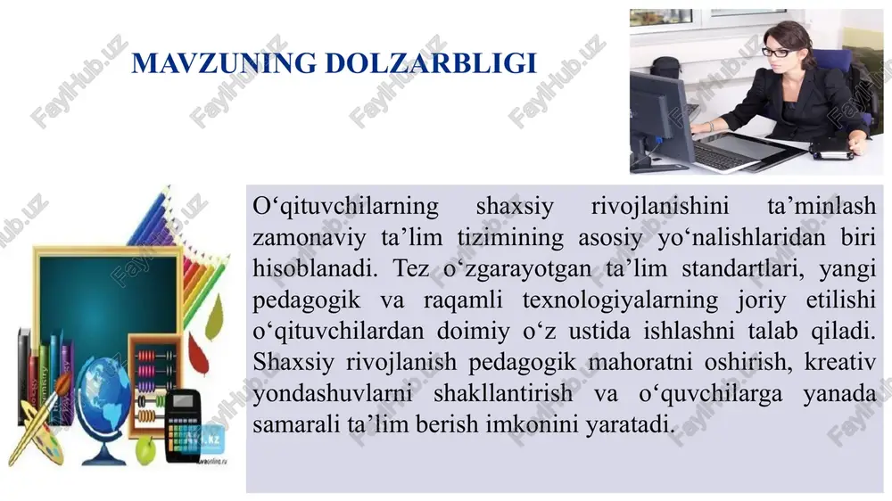 oradi va ular grantlar orqali qoʻllab-quvvatlanadi. har bir oʻqituvchi oʻz yoʻnalishida professional rivojlanishi uchun maxsus dasturlar taklif etiladi. finlandiyada oʻqituvchilar magistratura darajasiga ega boʻlishi shart, oʻquv jarayoni amaliyotga yoʻnaltirilgan. har yili oʻqituvchilar yangi pedagogik yondashuvlar boʻyicha maxsus kurslardan oʻtadi. oʻqituvchilar oʻquv dasturlarini mustaqil ishlab chiqadi, ijodiy yondashuv ragʻbatlantiriladi. oʻqituvchilar jamiyatda eng hurmatli kasblardan biri hisoblanadi, yuqori maosh va imtiyozlar mavjud. mavzu yuzasidan xorijiy davlatlar tajribalari singapurda oʻqituvchining rivojlanish modeli tizimi orqali oʻqituvchi har yili kasbiy rivojlanish rejasini ishlab chiqadi. har bir yosh oʻqituvchi tajribali murabbiy bilan ishlaydi, ular doimiy maslahat oladi. malaka va natijalarga qarab differensial maosh tizimi bor. oʻqituvchilarga oʻquv dasturlarini ishlab chiqishda yoʻl yoʻriq koʻrsatish va ularni innovatsion metodlarni qoʻllashga ragʻbatlantirish, oʻqituvchilar uchun shaxsiy rivojlanish rejalari ishlab chiqilib, ularning bajarilishini kuzatib borish qiyosiy tahlil etilganligi germaniyada oʻqituvchilar maxsus sohalarga ixtisoslashgan kurslardan oʻtadilar. oʻqituvchilar ilmiy izlanishlar olib boradi va ular grantlar orqali qoʻllab-quvvatlanadi. har bir oʻqituvchi oʻz yoʻnalishida professional …