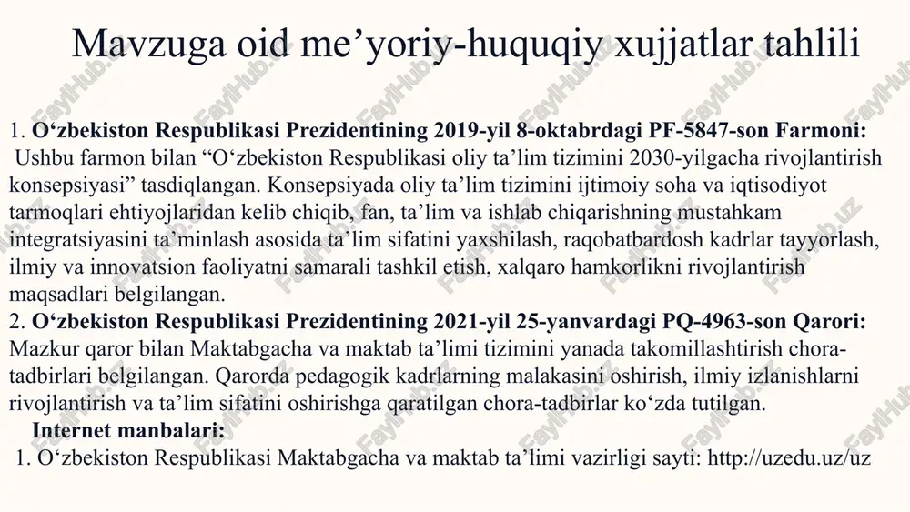 a ✔ta’lim tizimi butunlay tadqiqotga asoslangan bo‘lib, har bir pedagog o‘z metodikasini ilmiy asosda ishlab chiqadi; ✔o‘qituvchilar ilmiy-tadqiqotchi sifatida faoliyat yuritadi – ularning aksariyati magistratura darajasiga ega va ilmiy izlanish olib borish majburiyati mavjud; ✔maktablarda “fenomen asosida o‘qitish” tizimi yo‘lga qo‘yilgan, bunda o‘quvchilar real hayotiy muammolarni ilmiy asosda tahlil qilish orqali o‘rganadi; ✔tadqiqot va amaliyot uyg‘unligi – yangi pedagogik metodlar ilmiy tajribalar asosida ishlab chiqilib, maktab amaliyotiga joriy etiladi. singapur ✔“thinker’s academy” (tafakkur akademiyasi) modeli orqali o‘quvchilarni ilmiy tadqiqotlarga jalb etish tizimi yo‘lga qo‘yilgan; ✔stem (science, technology, engineering, mathematics) dasturlariga alohida e’tibor qaratilib, har bir maktabda ilmiy laboratoriyalar va tadqiqot guruhlari tashkil etilgan; ✔ maktab va universitetlar hamkorligi – o‘quvchilar ilmiy tadqiqotlarni universitet olimlari bilan hamkorlikda olib boradi; ✔ilmiy tadqiqotlarni rag‘batlantirish tizimi – o‘quvchilarning ilmiy loyihalari davlat tomonidan qo‘llab-quvvatlanadi va eng yaxshi ishlanmalar milliy darajadagi innovatsion markazlarga yo‘naltiriladi. shvetsiya ✔tadqiqotga asoslangan ta’lim dasturlari – har bir o‘quvchi maktab davrida kamida …