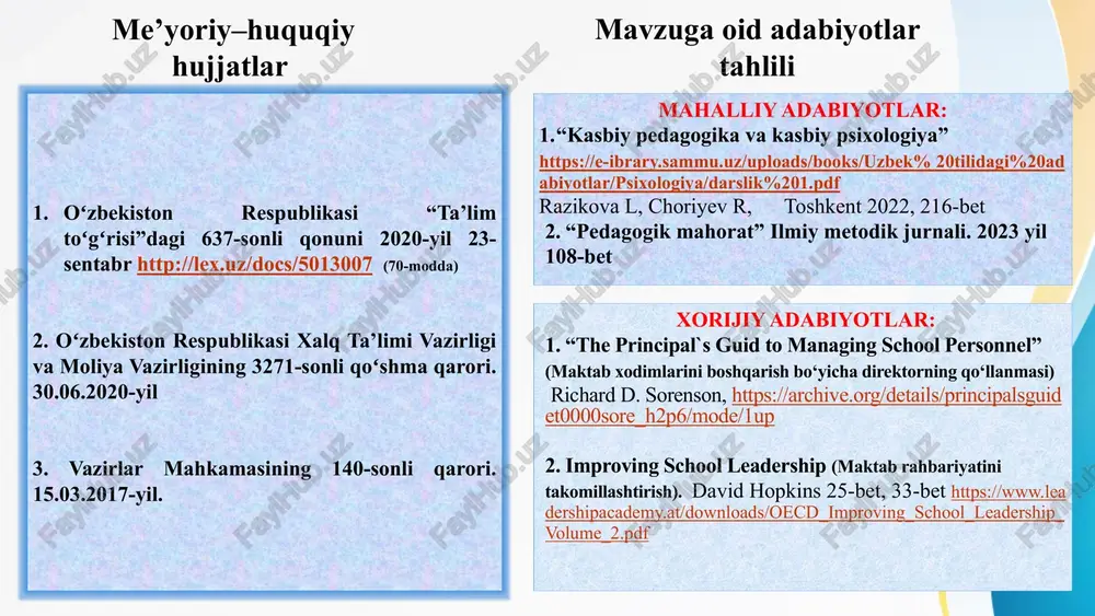 quv yili oxirida xomaki dars taqsimoti qilib oʻqituvchilar bilan “pedagogik kengash” oldidan maslahat uchrashuvlarini oʻtkazishi va xodimlarning mafaatlarini hisobga olish lozim 3 dars taqsimotida oʻquvchilarning ehtiyojlaridan koʻra oʻqituvchining koʻrsatgichlari koʻproq hisobga olinadi germaniya ta’lim tizimida elektron tizimlar yordamida resurslar va dars soatlari optimal tarzda taqsimlanadi, bu esa nizolarni kamaytirish va tezkor muammolarni hal qilishga yordam beradi dars taqsimoti qilinayotganda oʻquvchilarning ehtiyojlari ham hisobga olinishi zarur mavzuning qiyosiy tahlil etilganligi xulosa xulosa qilib aytadigan boʻlsam, dars taqsimoti jarayonidagi konfliktlarning oldini olish uchun shaffoflik, adolat, ilgʻor texnologiyalar va manfaatdor tomonlar bilan hamkorlik asosiy ahamiyatga egadir. -agar dars taqsimoti barcha tomonlarning manfaatlarini hisobga olgan holda taqsimlansa, konfiliktlar bartaraf etiladi va ta’lim jarayoni samarali tashkil etiladi. takliflarim dars taqsimotini amalga oshirishda oʻqituvchining koʻp yillik tajribasini ham hisobga olish kerak dars taqsimotini amalga oshirishda yuzaga kelishi mumkin boʻlgan konfliktlarning oldini olish uchun dars taqsimoti oldindan maslahat uchrashuvlarini oʻkazish zarur dars taqsimotini oʻquvchilarning ehtiyoj va talablarini …