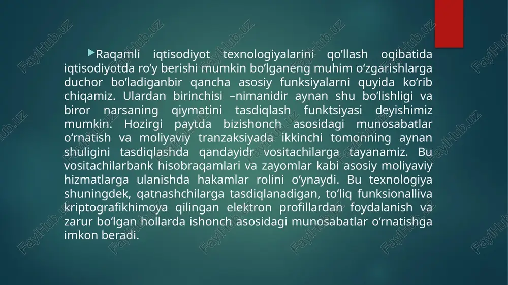 digan halqaro tadbirkorlar uchun juda muhim amaldir. qiymatlar almashinishining qanday o’zgarishi. moliyaviy bozorlar har kuni butun dunyo bo‘ylab umumiy qiymati trillionlab dollarni tashkil qiladigan moddiy aktivlarni ayirboshlashga imkon beradi. savdo bu – investitsiyalash, birjada o‘ynash, xedjirlash va arbitraj, jumladan, bitimdan keyingi kliring tsikli, tartibga solish va saqlash maqsadida aktivlar va moliyaviy vositalar sotish va sotib olishdir. blokcheyn tizimi har qanday tranzaksiyalarni tartibga solish vaqtini hafta va kunlardan daqiqa va soniyalargacha qisqartirishga imkon beradi. homiylik va investitsiyalarning amalga oshirilishi. kompaniyayoki yangi korxonaga investitsiya kiritish kapital qiymatining ortishi, dividendlar olish, foizlar, renta va ularning xilma-xil kombinatsiyalari ko‘rinishida daromad olish imkonini beradi. raqamli tarmoq mexanizmi investorlarni tadbirkorlar va kompaniyalar egalari bilan rivojlanishning «farishta» bosqichidan tortib,ipogacha va uning boshqa turli rivojlanish bosqichlarida uchrashtirgan holda ko’plab bozorlar vujudga keltiradi. mablag‘lar jalb qilish odatda vositachilarni, masalan, investitsion banklarni, venchurli investorlarni va huquqshunoslarni talab qiladi. blokcheyn tizimi esa ularning yuqorida tavsif etilgan ko‘plab funksiyalarini avtomatlashtiradi, to‘g‘ridan-to‘g‘ri pirringli …