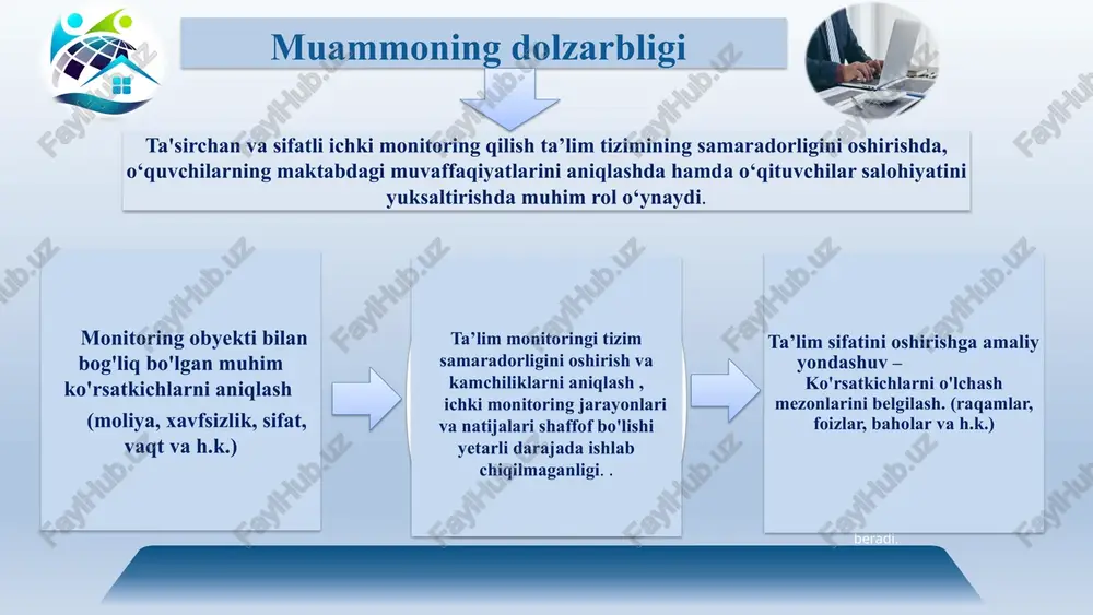 atish va tahlil qilish: maktabda monitoring o`tkazish orqali o`qituvchilarning salohiyatini aniqlash: xalqaro tajriba asosida ta'limni rivojlantirish muammo yuzasidan xorijiy tajribalarni o‘rganilganligi kanada malaziya janubiy koreya kanada ta'lim tizimi ta'sirchan va sifatli ichki monitoringni o‘quvchilarning individual rivojlanishini kuzatishga yo'naltiradi. o‘quvchilarning muvaffaqiyatini o‘lchashda asosan formativ baholash va summativ baholash usullari qo‘llaniladi. malaziya ta'lim tizimi ta'lim natijalarini baholashda tizimli monitoring va davomiy baholash tizimini joriy etgan. ta'lim jarayonida o‘quvchilarning bilim darajasi va malakalarini aniqlash uchun o‘qituvchilar yillik tahlil va individual baholash metodlarini qo‘llaydi. janubiy koreya ta'lim tizimi baholashda innovatsion texnologiyalar va kompyuterlashtirilgan tizimlardan foydalanadi. o‘quvchilarni baholash uchun kompyuter yordamida o‘tkaziladigan testlar va doimiy monitoring tizimi joriy etilgan. qiyosiy tahlil etilganligi t/r o‘zbekiston xorijy davlatlar takliflar 1. sifatli ichki monitoring xizmatini tashkil etish va uning tarkibini belgilashga asoslangan. ichki monitoring xodimlarining malaka talablarini va attestatsiya tartibini belgilash tizimi markazlashtirilgan. kanada - o'quvchilarning bilim darajasi va ko'nikmalarini baholashda innovatsion metodlar, kompetensiya asosidagi yondashuvlar keng qo‘llaniladi. …