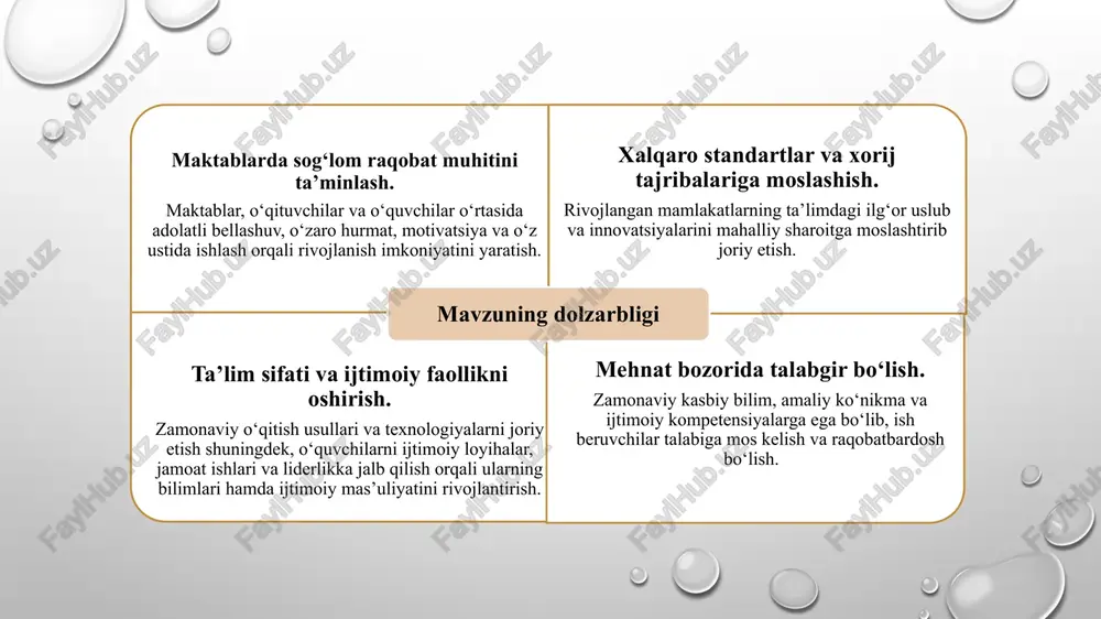 da dual ta’lim tizimi joriy etilgan bo‘lib, o‘quvchilar nazariy bilimlarni amaliy mashg‘ulotlar bilan uyg‘unlashtiradi. bu esa mehnat bozori talablariga mos mutaxassislar tayyorlashga yordam beradi. xorijiy tajriba o‘zbekiston (amaldagi holat) xorijda (amaldagi holat) taklif o‘zbekiston maktablarida steam yo‘nalishi asosida innovatsion yondashuvlar joriy etilmoqda. maktab o‘quv dasturlari qayta ishlab chiqilib, zamonaviy talablarga moslashtirilmoqda. abdulla avloniy nomidagi pedagogik mahorat milliy institutida o‘qituvchilarni kasbiy malakasi maxsus dasturlar orqali muntazam ravishda rivojlantirilib kelinmoqda. finlandiya: mustaqil fikrlash va innovatsion ta’limga urg‘u bermoqda singapur: fan texnika va qat’iy baholash tizimi orqali ta’lim sifatini oshirmoqda germaniya: dual ta’lim tizimi orqali yoshlarni amaliyotga tayyorlab, iqtisodiyot bilan bog‘lab kelmoqda o‘zbekistonda xalqaro baholash tizimlari (pisa, timss) bo‘yicha tayyorgarlikni kuchaytirish maktab o‘qituvchilarini xorijiy davlatlarda malaka oshirish tizimini takomillashtirish o‘quvchilarni tanqidiy va mustaqil fikrlashini rivojlantirish tizimini joriy qilish qiyosiy tahlil xulosa maktablarning raqobatbardoshligini oshirish va ularning ijtimoiy nufuzini kuchaytirish, bugungi kunning eng muhim masalalaridan biridir. bu orqali ta’lim sifati oshadi, jamiyatning barqaror taraqqiyoti …