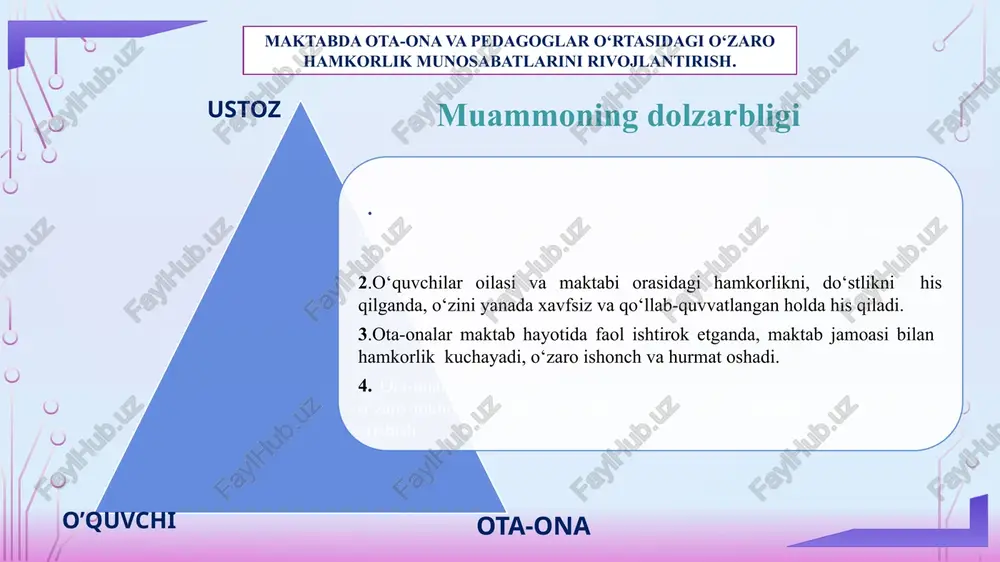 tini “oila – mahalla – ta’lim muassasasi” hamkorligi konsepsiyasi asosida amalga oshirish; . ota-onalar kengashi faoliyatini faollashtirish ota-onalar va pedagoglarning birgalikda maktab tadbirlarini tashkil qilish va o‘tkazishiga erishish. birgalikda tadbirlarni tashkil etish o’quvchilarni qo’llab- quvvatlash farzandi tarbiyasiga e’tiborsizlik qilgan ota-onalar bilan olingan so‘rovnoma tahliliga asosan samimiy tarzda individual muloqot o‘rnatish vazifalar maktabda ota-ona va pedagoglar o‘rtasidagi o‘zaro hamkorlik munosabatlarini rivojlantirish. o‘quvchilarning ta’lim sifatini oshirish maktabda darslarni interfaol usullarda o’tish, darslarda loyihalar, ta’limiy o’yinlardan foydalanish, ota-onalar ishtirokini ta’minlash 8 xorijiy tajriba 9 aqshda pta (parents-teachers association) ota-onalar va maktablar o‘rtasidagi hamkorlikni rivojlantirishda muhim rol o‘ynaydi. pta yig‘ilishlari, tadbirlar va loyihalar orqali ota-onalar maktab hayotida faol ishtirok etadi. maktablar ota-onalar bilan haftalik yoki oylik uchrashuvlar o‘tkazadi, bu orqali ota-onalar o‘quvchilarning yutuqlari va muammolari haqida bilib oladilar. buyuk britaniyada har bir maktab home-school agreement ni tuzadi, bu orqali maktab, ota-onalar va o‘quvchilar o‘rtasidagi majburiyatlar aniqlanadi va imzolanadi.hamkorlik dasturlari: buyuk britaniyada ota-onalar va pedagoglar …
