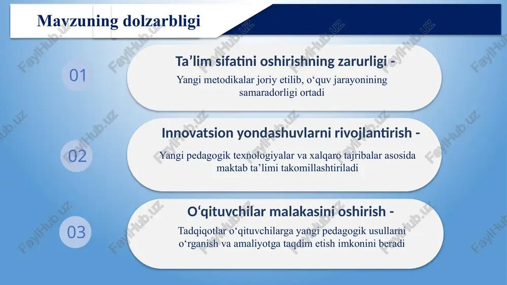 un asos bo‘ladi yangi baholash tizimi (formativ, summativ) mohiyatini o‘qituvchi, o‘quvchi va ota- onalarga muntazam tushuntirib borish x u l o s a pedagogik tadqiqotlarni tashkil etish ta’lim sifatini oshirish, kadrlar salohiyatini rivojlantirish va yaxlit maktab muhitini shakllantirishda muhim omildir. 1 2 3 4 har bir o‘quvchining ehtiyojlarini aniqlab, individual yondashuvni amalga oshirish o‘qituvchilarni kasbiy malakasini oshirish hamda tadqiqot ishlariga jalb qilish maktablarda pedagogik tadqiqot guruhlarini tashkil etish maktab rahbarining samarali boshqaruv uslublarini ishlab chiqish takliflar chora-tadbirlar rejasi n muammo muammoning yechimi va amalga oshirish mexanizmi mas’ul muddati natija 1 maktabda pedagogik tadqiqot ishlarining yetarlicha tashkil etilmaganligi maktabda pedagogik tadqiqot guruhini tuzish va faoliyatini yo’lga qo‘yish pedagogik tadqiqotlar uchun zamonaviy jixozlangan (interaktiv doska, wifi, mediavositalar) xona tashkil etish direktor, o‘ibdo‘, metod birlashma rahbarlari o‘quv yili mobaynida tadqiqotlar o‘rganiladi va joriy etiladi va oavlarda yoritiladi 2 har bir o‘quvchining ehtiyojlarini inobatga olib, individual yondashuvni yetarli emasligi o‘quvchilar bilimidagi bo‘shliqlarni test, amaliy …