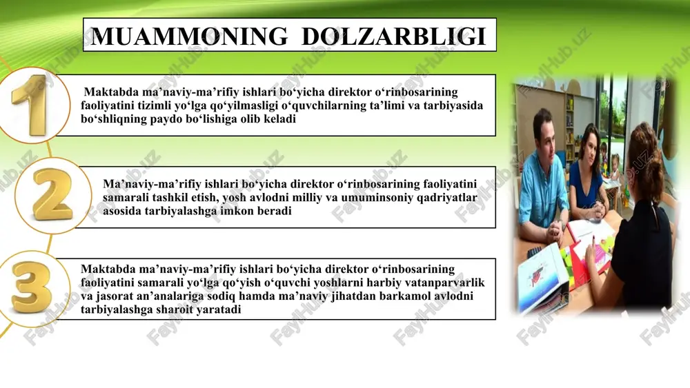 qiyosiy tahlil etilganligi t/r amaldagi holat o‘zbekistonda amaldagi holat janubiy koreyada taklif 1 maktablarda ma’naviy-ma’rifiy tarbiyaga, milliy qadriyatlarga katta e’tibor beriladi. vatanparvarlik, g‘urur, mehnatsevarlik kabi fazilatlarni targ‘ib qilish dasturi va rejalari ishlab chiqilgan. janubiy koreyada o‘quvchilarni maʼnaviy va axloqiy jihatdan tarbiyalashga alohida e’tibor qaratiladi. maktablarda maʼnaviy-maʼrifiy ishlar boʻyicha direktor oʻrinbosarlari jamoatchilik bilan aloqalarini mustahkamlash, o‘quvchilarning ijtimoiy faoliyatini rivojlantirish va shaxsiy - axloqiy qadriyatlarni shakllantirishda faol rol o‘ynaydi. ma’naviy-ma’rifiy ishlari bo‘yicha direktor o‘rinbosarining tarbiyaviy ishlarni standartlar darajasida amalga oshirgani uchun qo‘shimcha rag‘batlantirish va unga zarur bo‘lgan moddiy qo‘llab–quvvatlash mexanizmlarini ishlab chiqish. muammoning qiyosiy tahlil etilganligi t/r amaldagi holat o‘zbekistonda amaldagi holat turkiyada taklif 1 maktablarda turli ma’naviy-ma’rifiy tadbirlar, tantanalar, tanlovlar o‘tkaziladi. bu tadbirlar o‘quvchilarning ma’naviy-ma’rifiy dunyoqarashini shakllantirishga yordam beradi. maktablarda ma’naviy-ma’rifiy tarbiyaga katta e’tibor beriladi. davlat ma’naviy-ma’rifiy ishlarga katta mablag‘lar ajratadi va ushbu sohada professional kadrlarni tayyorlashga katta e’tibor beradi. ma’naviy – ma’rifiy ishlar bo’yicha direktor o’rinbosarlarini zamonaviy tarbiya usullari va …
