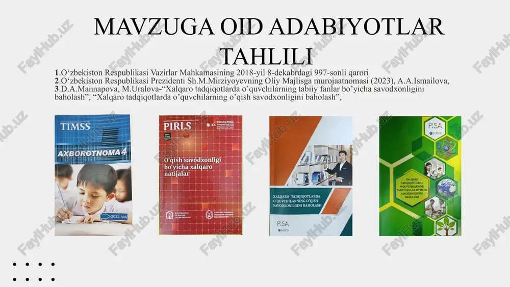 tandartlarga moslashtirilgan. xalqaro tadqiqot natijalaridan kelib chiqib, milliy ta’lim dasturlarini optimallashtirish. • o‘zbekiston xalqaro tajribalarga asoslangan holda o‘z milliy baholash tizimini rivojlantirib borish bilan birga, xalqaro pisa, timss, pirls, talis kabi baholash dasturlarida ishtirok etishi, xalqaro standartlarni joriy etish va ta’lim sifatini optimallashtirishga xizmat qiladi. xulosa taklif 1.o‘quvchilarning natijalarini xalqaro baholash tizimi asosida muntazam monitoring qilib borish. 2.o‘qituvchilarni baholash, rag’batlantirish va psixologik qo‘llab-quvvatlash. 3.interaktiv ta’lim usullarini joriy etish. o‘quvchilarning bilim va ko‘nikmalarini har tomonlama baholash, faqat test sinovlariga emas, amaliy topshiriqlar, loyiha ishlari va ijodiy yondashuvlarga asoslangan baholash tizimini joriy etish. 4.o‘qituvchi va o‘quvchilarni xalqaro baholash dasturlarida ishtirok etishlari uchun mahsus tayyorlov dasturlariga jalb etish. chora-tadbir t/r muammo muammoning yechimini amalga oshirish mexanizmi mas’ullar muddati natija 1 o‘qituvchilarning xalqaro baholash tizimi bo‘yicha bilim va ko‘nikmalarining kamligi. o‘qituvchilar uchun baholash metodikalari bo‘yicha seminar va treninglar tashkil etish maktab ma’muriyati, metodistlar 3 oy o‘qituvchilarning baholash jarayoniga zamonaviy yondashuvini shakllantirish 2 o‘quvchilarning faqatgina …