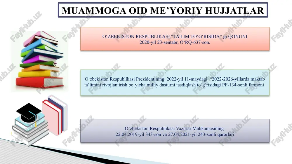 ashqari mablag‘ topish muammo yuzasidan xorijiy davlatlar tajribalari kanadada – ta’limda shaxsiylashtirilgan yondashuv, inklyuzivlik va jamoaviy ishlashni ta’minlaydi, o‘quvchilarning individual ehtiyojlariga mos ravishda o‘quv jarayonini tashkil etadi. janubiy koreyada – ta’lim tizimida yuqori talablar, zamonaviy texnologiyalar va innovatsion metodlar asosida o‘quv jarayonini samarali tashkil etish orqali ta’limning sifatini oshiradi. shvetsiyada – ta’lim tizimida tenglik va farovonlikka asoslanadi, o‘quvchilarning hissiy va ijtimoiy rivojlanishiga alohida e’tibor beriladi. № amaldagi holat (o‘zbekistonda) amaldagi holat (xorijda) taklif 1. maktabda o‘quv jarayonini samarali tashkil etishda ta’lim sifatini oshirish, o‘quvchilarga motevatsiya berish, o‘qituvchilarga yengillik yaratish hamda maqsadga erishish orqali muvaffaqiyatga erishiladi. janubiy koreyada – ta’lim tizimi juda raqobatbardosh bo‘lib, o‘quvchilarga yuqori talablar qo‘yiladi. bu xolat o‘quvchilarning ilmiy natijalariga katta ta’sir ko‘rsatadi. har uchala mamlakat ham ta’lim sifatini oshirishda o‘ziga xos yondashuvlarni qo‘llasa-da, asosiy maqsad o‘quvchilarning har tomonlama rivojlanishini ta’minlashdir. kanadada – o‘quvchilarga raqamli vositalar yordamida interaktiv darslar, onlayn resurslar va tajribalar taqdim etiladi, bunda texnologiyalarni shaxsiylashtirish …