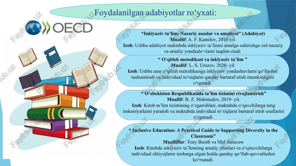 i, bu esa ta’lim jarayonini optimallashtiradi. muammo yuzasidan xorijiy tajribalarni o‘rganilganligi janubiy koreya tajribasida –ta’lim tizimi yuqori raqobatbardosh bo‘lib, o‘quvchilarga ta’limda qo‘llab-quvvatlash ko‘rsatiladi. ta’limda farqli ehtiyojlarga javob berish uchun maxsus yordamchi pedagoglar va psixologik xizmatlar mavjud. bu tizim o‘quvchilarning o‘qishga nisbatan motivatsiyasini oshirishga yordam beradi. germaniya tajribasida - germaniya ta’lim tizimi inklyuzivlikka asoslangan bo‘lib, maxsus ehtiyojlari bo‘lgan o‘quvchilarga ham teng imkoniyatlar yaratishga qaratilgan. o‘qituvchilar va pedagogik mutaxassislar har bir o‘quvchining ehtiyojlariga mos yondashuvni tanlaydi va ularga maxsus yordam ko‘rsatadi. № amaldagi holat (o‘zbekistonda ) amaldagi holat (xorijda ) taklif 1 maktablarda ta’lim tizimida ham inklyuziv ta’limga o‘tish jarayoni boshlangan. maktablarda o‘quvchilarning individual ehtiyojlarini inobatga olishga harakat qilinmoqda, mavjud to‘siqlar ko‘pincha ta’lim resurslarining cheklanganligi va o‘qituvchilarning malakasining pastligi bilan bog‘liq. finlandiya ta’lim tizimi -finlandiya ta’lim tizimi o‘quvchilarning individual ehtiyojlarini to‘liq hisobga olib, ularni qo‘llab-quvvatlashga qaratilgan. bu yondashuv to‘siqlarni bartaraf etishda samarali. o‘zbekistonda maxsus ehtiyojlarga moslashtirilgan o‘quv rejalarini joriy etish va ularga …