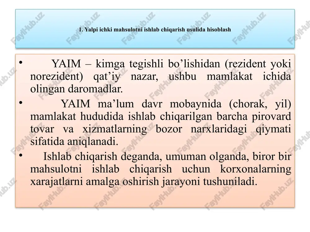 liyati va mulkdan olinadigan daromadlar. yaim tarkibida ish haqi, renta to’lovlari, foiz va foydadan tashqari yana mablag’larni ikki turda taqsimlanishi, ya’ni daromadlarni to’lash bilan bog’liq bo’lmagan holatlar ham mavjud: asosiy kapital iste’moli uchun ajratmalar va ishlab chiqarishga bilvosita soliqlar. 4.yaim va narxlar darajasi yaim – pul, vaqt va sifat ko’rinishidagi ko’rsatkich bo’lib sanalgani sababli, uning hajmini hisoblashda narxlar o’zgarishining ta’siri kuchli bo’ladi. yaim hajmiga uning tarkibiga kiruvchi barcha pirovard tovar va xizmatlarning jismoniy hajmlaridagi hamda narxlaridagi o’zgarishlar ta’sir o’tkazadi. nominal yaim bu joriy bozor baholarida hisoblangan yaimdir. real yaim bu bazis davr yoki o’tgan davr baholarida hisoblangan yaimdir. nominal yaimni real yaimga o’tkazishda, ya’ni o’zgarmas baholarda hisoblashda quyidagi usullardan foydalaniladi: baholar indeksi orqali deflyatsiyalash usuli fizik hajmi indeksi yordamida ekstrapolyatsiya qilish usuli to’g’ridan-to’g’ri o’zgarmas baholarda baholash usuli ko’rsatkichlarni xarajat elementlarini deflyatsiya qilish usuli ikki marotaba deflyatsiyalash usuli yalpi ichki mahsulot hajmini o’zgarmas baholarda baholashda quyidagi indekslardan foydalaniladi: jadval indeks turlari …