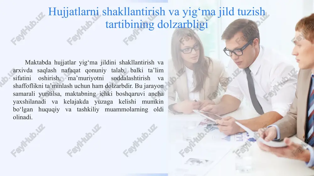 lar davlat ta’lim portalida ochiq tarzda taqdim etiladi. finlyandiya 02 01 aqshda maktab hujjatlarini boshqarish federal va shtat darajasida muvofiqlashtiriladi. federal talablar, elektron hujjatlar bazasi, maktab darajasidagi boshqaruv, shtat qonunlariga rioya qilishi shart. aqsh 03 xorijiy tajribalarni o‘rganilganligi amaldagi holat o’zbekiston amaldagi holat singapur amaldagi holat finlandiya amaldagi holat aqsh takliflar oʻzbekistonda hujjatlar koʻproq qogʻoz shaklida yuritiladi, soʻnggi yillarda esa qisman raqamli formatga oʻtilmoqda. raqamli tizimlarni joriy etish va takomillashtirish ustida ishlar olib borilmoqda. singapur ta’lim tizimida hujjatlar bilan ishlash qat’iy nazorat ostida olib boriladi. finlyandiya ta’lim tizimi byurokratik to‘siqlarni kamaytirishga asoslangan bo‘lib, hujjatlarni yuritish qulayligi bilan ajralib turadi. aqshda maktab hujjatlarini boshqarish federal va shtat darajasida muvofiqlashtiriladi. o’zbekiston uchun moliyalashtirishda mahalliy byudjetni oshirish, arxivda samarali ishlarni olib borish lozim. elektron hujjatlar aylanishi bosqichma-bosqich joriy etilmoqda. ba’zi tashkilotlar raqamli tizimlardan foydalanishni boshlagan bo‘lib, bu jarayonni yanada rivojlantirish ustida ishlar olib borilmoqda. - elektron hujjat aylanishi: maktablarda barcha rasmiy hujjatlar elektron …