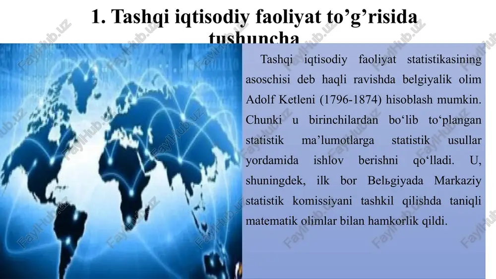 avsiflovchi ko’rsatkichlar tashqi iqtisodiy aloqalarni tahlil qilishda makroiqtisodiy statistika quyidagi ko’rsatkichlarni hisoblaydi. xalqaro savdo-sotiqni tavsiflovchi ko’rsatkichlar; xalqaro ishlab chiqarish kooperatsiyasini tavsiflochi ko’rsatkichlar; xalqaro kapital migratsiyasini ifodalovchi ko’rsatkichlar; xalqaro ishchi kuchi migratsiyasini tavsiflovchi ko’rsatkichlar; o’zaro to’lovlar va hisob valyutalari operatsiyalarini ifodalovchi ko’rsatkichlar. har bir guruh ko’rsatkichlari mutlaq va nisbiy miqdorlarda hisoblaniladi. bunda qiyosiy yondashish va uning shartlariga qat’iy rioya qilish o’ta zarurdir. xalqaro iqtisodiy munosabatlarda savdo-sotiq etakchi o’rin tutadi va bu jahon bozorida quyidagi ko’rsatkichlarda o’z ifodasini topadi tashqi savdo oboroti tashqi savdo oboroti (tso) eksport (e) va import (i) yig’indisidan tashkil topadi: tso=e+i oborot ikki usulda hisoblanadi: 1) absolyut miqdorda, masalan, shuncha milliard dollarga teng deb olinadi; 2) nisbiy miqdorda, ya’ni u yaratilgan va ishlatiladigan mahsulotlarning shuncha foizini tashkil qiladi deb qaraladi. eksport bilan import o’rtasidagi tafovut savdo qoldig’ini beradi: tso = e - i agar eksport importdan ko’p bo’lsa, u holda tashqi savdo qoldig’i musbat, aksincha, ya’ni eksport importdan …