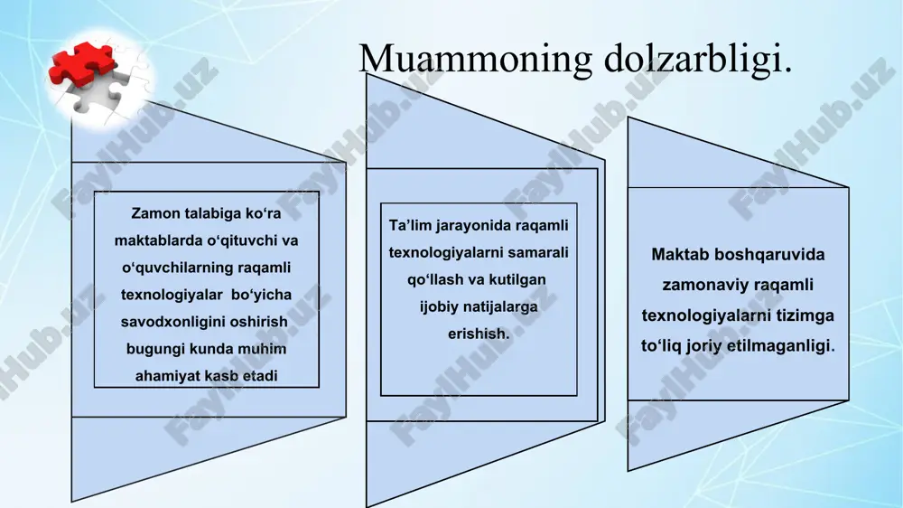 y qilinmoqda. endilikda oʼzimizda ham ko‘plab yig‘ilish va uchrashuvlar zoom platformasi orqali tashkillanmoqda, (onlayn) masofaviy taʼlimga alohida eʼtibor qaratilmoqda. xorijiy tajribalar qiyosiy tahlili. xulosa: xulosa oʻrnida boshqaruvni raqamlashtirish diplomatik jarayon boʻlib, u rivojlanishda davom etadi. bu zamonaviy ta’limning yangi istiqbollarini ochib, innovatsiyalar yangicha boshqaruvni, yangi ta’lim modellarini ishlab chiqish va ta’lim sifatini oshirish uchun zamin yaratadi. muammoni bartaraf etish boʼyicha takliflar. ta’lim tizimi uchun yangi talablar va asosiy kompetensiyalarga javob beradigan yuqori malakali kadrlarni tayyorlash. respublika aholisining raqamli savodxonlik darajasini oshirish. oʻqituvchi va o‘quvchilarda raqamli dunyoda muvaffaqiyatga erishish uchun zarur bo‘lgan xxi-asrning muhim ko‘nikmalarini hosil qilish. maktabga “face id” qurilmasini qo‘llash va boshqa platformalar bilan integratsiyalash. chora tadbir. № muammo amalga oshirish mexanizmi muddati ma’sul tadbirdan kutilayotgan natija 1 xodimlar va oʻquvchilar nazoratini raqamlashtirish byudjetdan tashqari mablag‘ tushumini ko‘paytirish va shu tushgan mablag‘ hisobidan maktabga “faceid” qurilmasini oʻrnatish. 2024-2025 oʼquv yili oktyabr direktor ijro intizomini nazorat qilish, maktab boshqaruv tizimida …