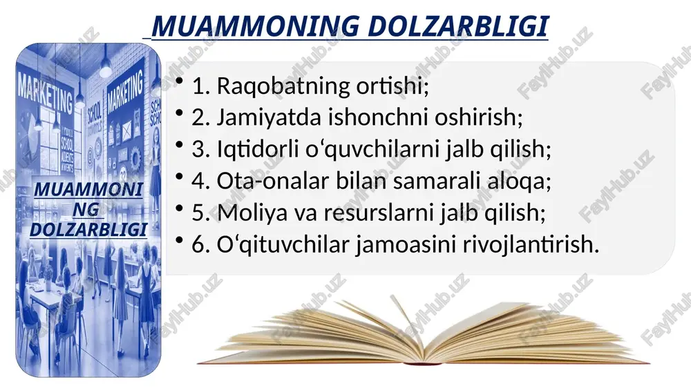 vchilarni jalb qilishga harakat qiladi. brendlash va imij yaratish: maktablar o‘z qadriyatlari va o‘quv dasturlarini targ‘ib qilish orqali brend yaratadi. raqamli marketing: veb-saytlar, ijtimoiy tarmoqlar va onlayn reklama orqali maktab yutuqlari ommaga yetkaziladi. jamiyat bilan aloqa: maktablar ota-onalar va mahalla bilan yaqin hamkorlik o‘rnatib, ishonchli muhit yaratadi. ta'lim sifati va natijalar: maktablar o‘quvchilarning akademik yutuqlari va universitetga kirish natijalarini targ‘ib qiladi. ota-onalar bilan hamkorlik: maktab ota-onalar bilan doimiy aloqada bo‘lib, ularning ishonchini qozonadi. innovatsion yondashuv: zamonaviy texnologiyalardan foydalangan holda o‘quv jarayonlarini tanishtirib, raqobatbardoshlikni oshiradi shvetsiya janubiy korea buyuk britaniya muammo yuzasidan xorijiy tajribalarni o‘rganilganligi amaldagi holat (o‘zbekistonda) amaldagi holat (xorijda) taklif maktablar o‘rtasida sog‘lom raqobat yo‘q, ota-onalarga maktabning real yutuqlari haqida yetarli ma’lumot berilmaydi. shvetsiyada maktablar ta’lim sifati, dasturlar va o‘quvchilarning erishgan yutuqlari haqida ochiq ma’lumot beradi. bu ota-onalar va jamoatchilikka maktab faoliyatini baholash imkonini yaratib, sog‘lom raqobat muhitini shakllantiradi. sog‘lom raqobat muhitini yaratish, maktablarning o‘z yutuqlari va ta’lim sifati …